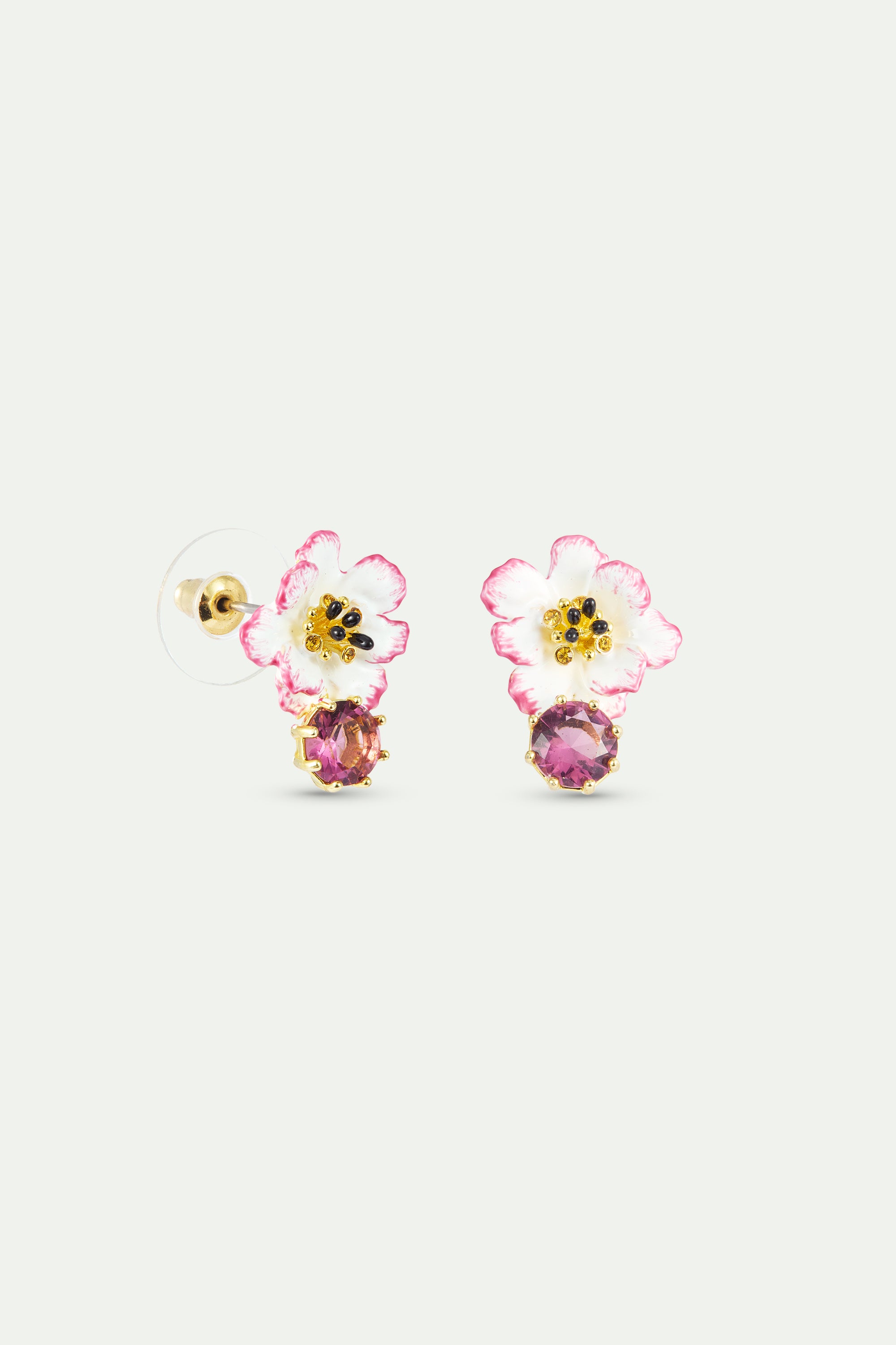 Boucles d'oreilles cosmos blanche et rose et pierre ronde rose