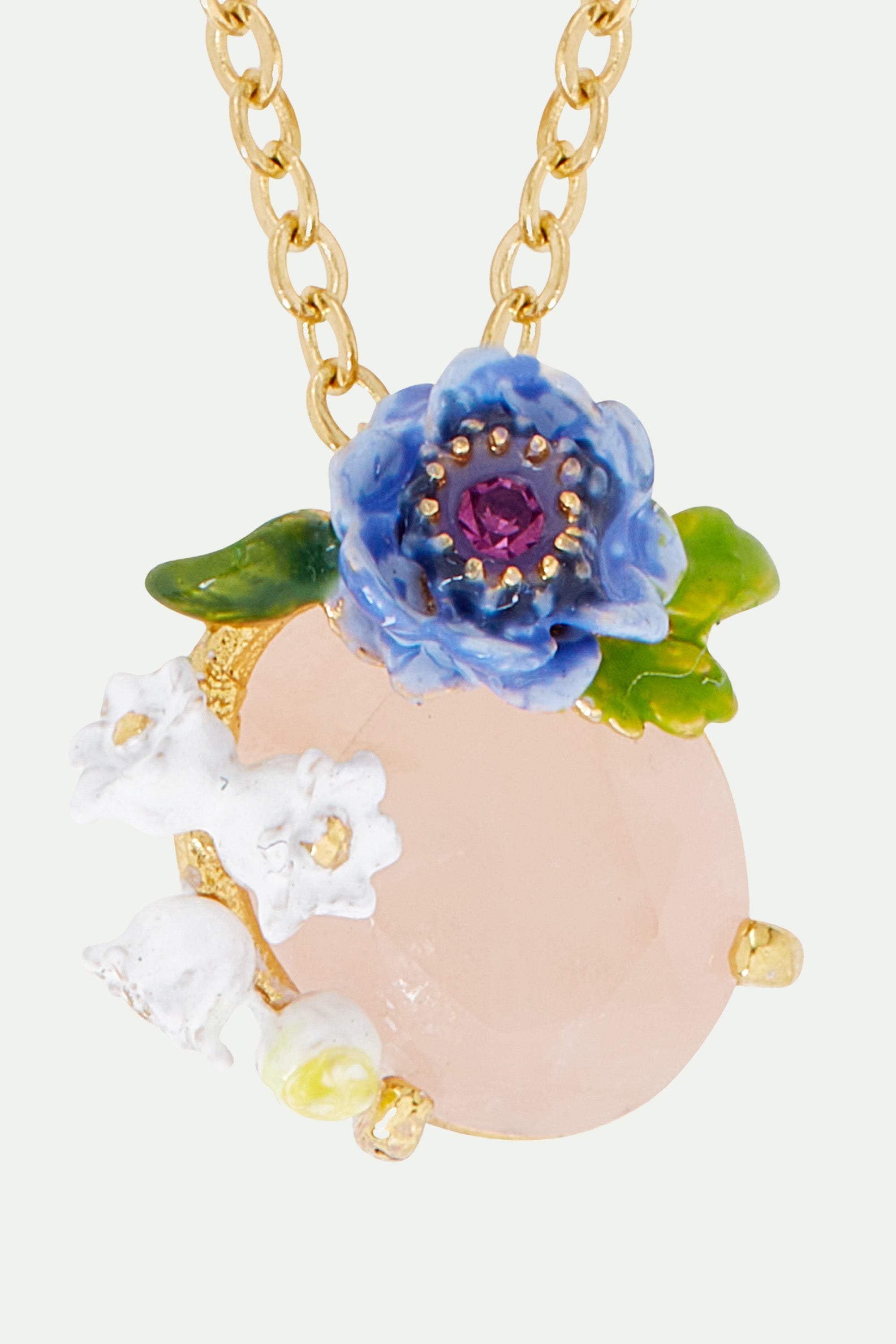 Rose quartz and floral composition pendant necklace