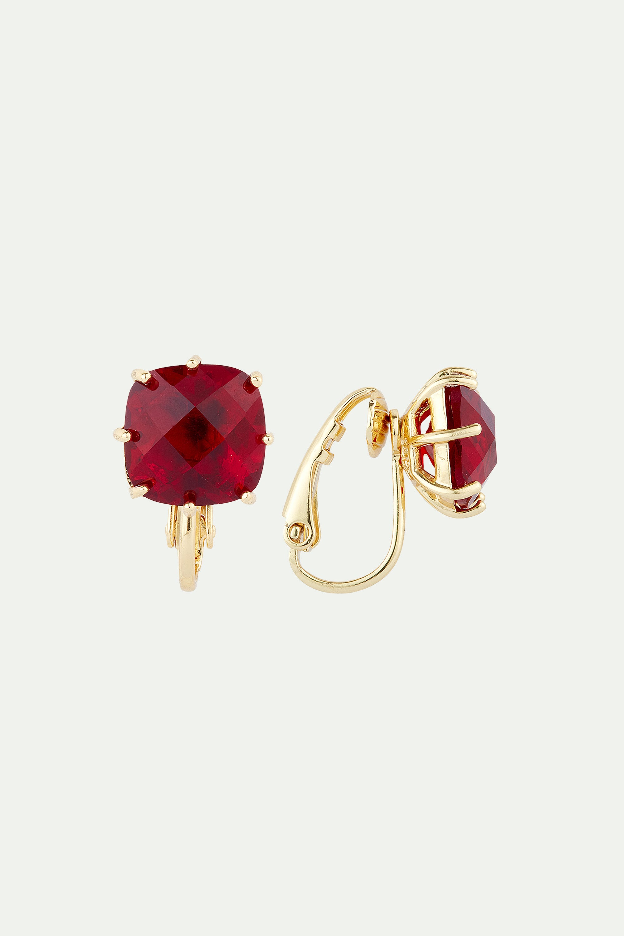 Garnet red diamantine square stone clip-on earrings