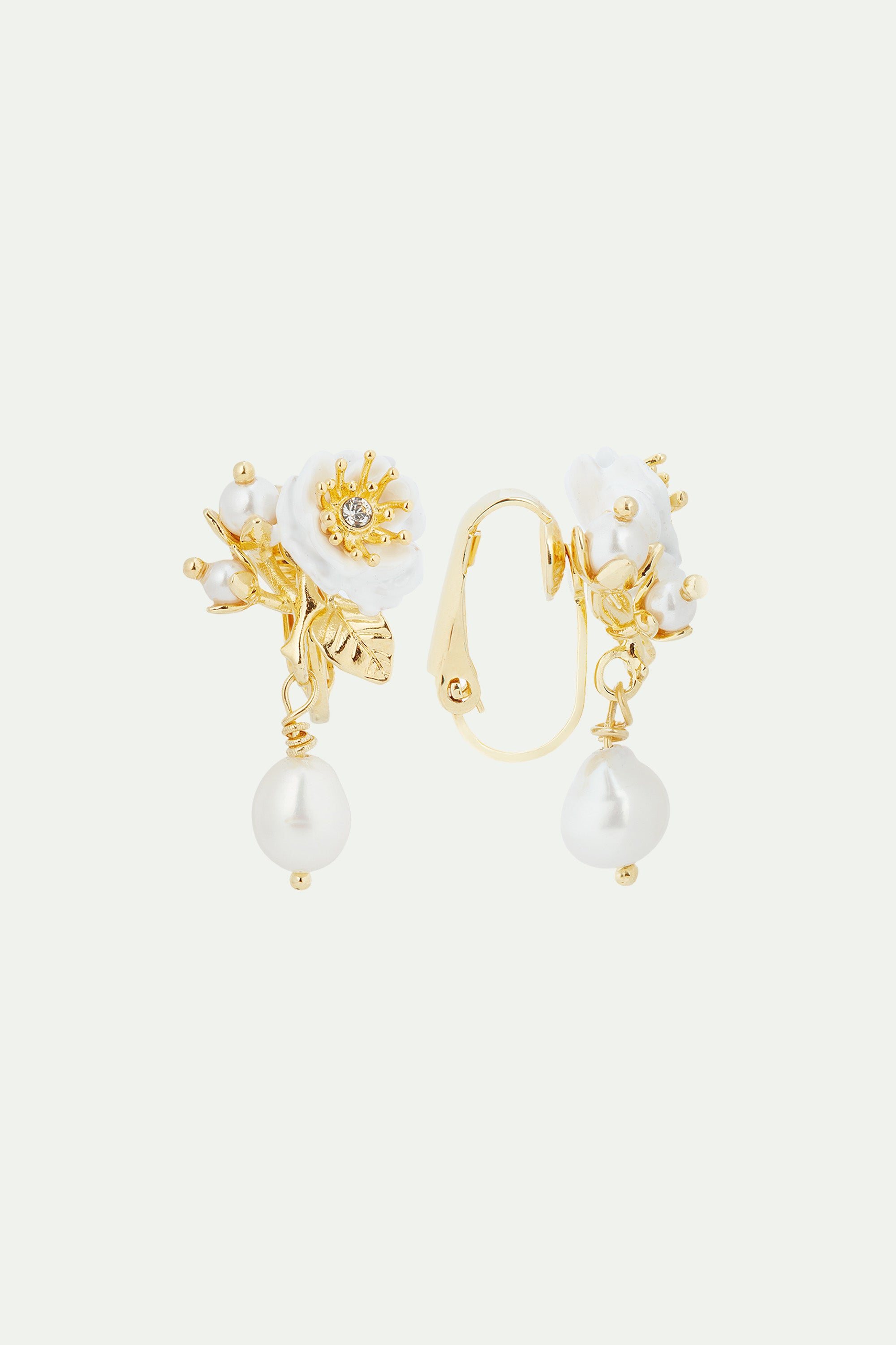 White rose and pearls clip-on hoop earrings