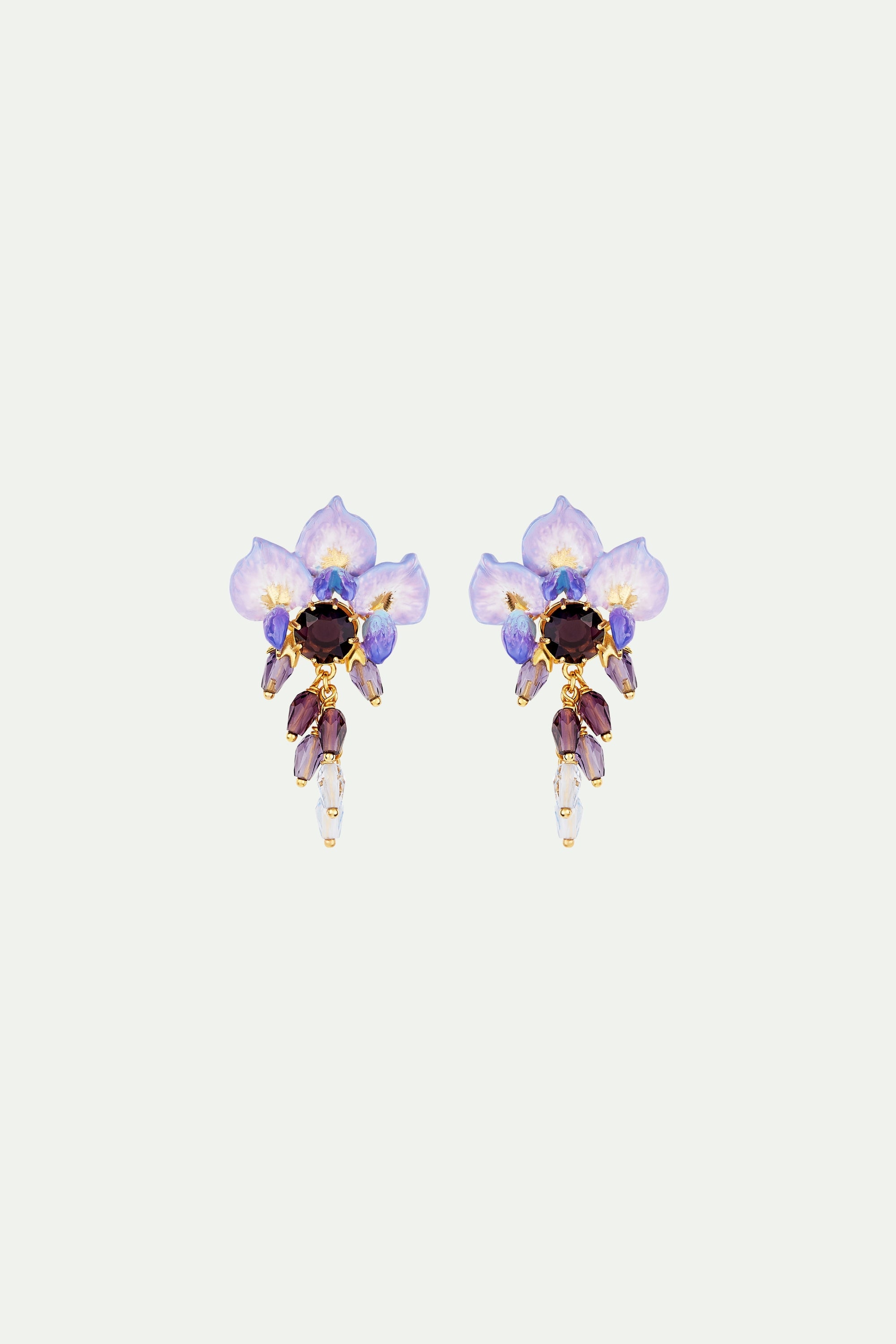 Boucles d'oreilles tiges fleur de glycine et perles et pierre de verre facetté