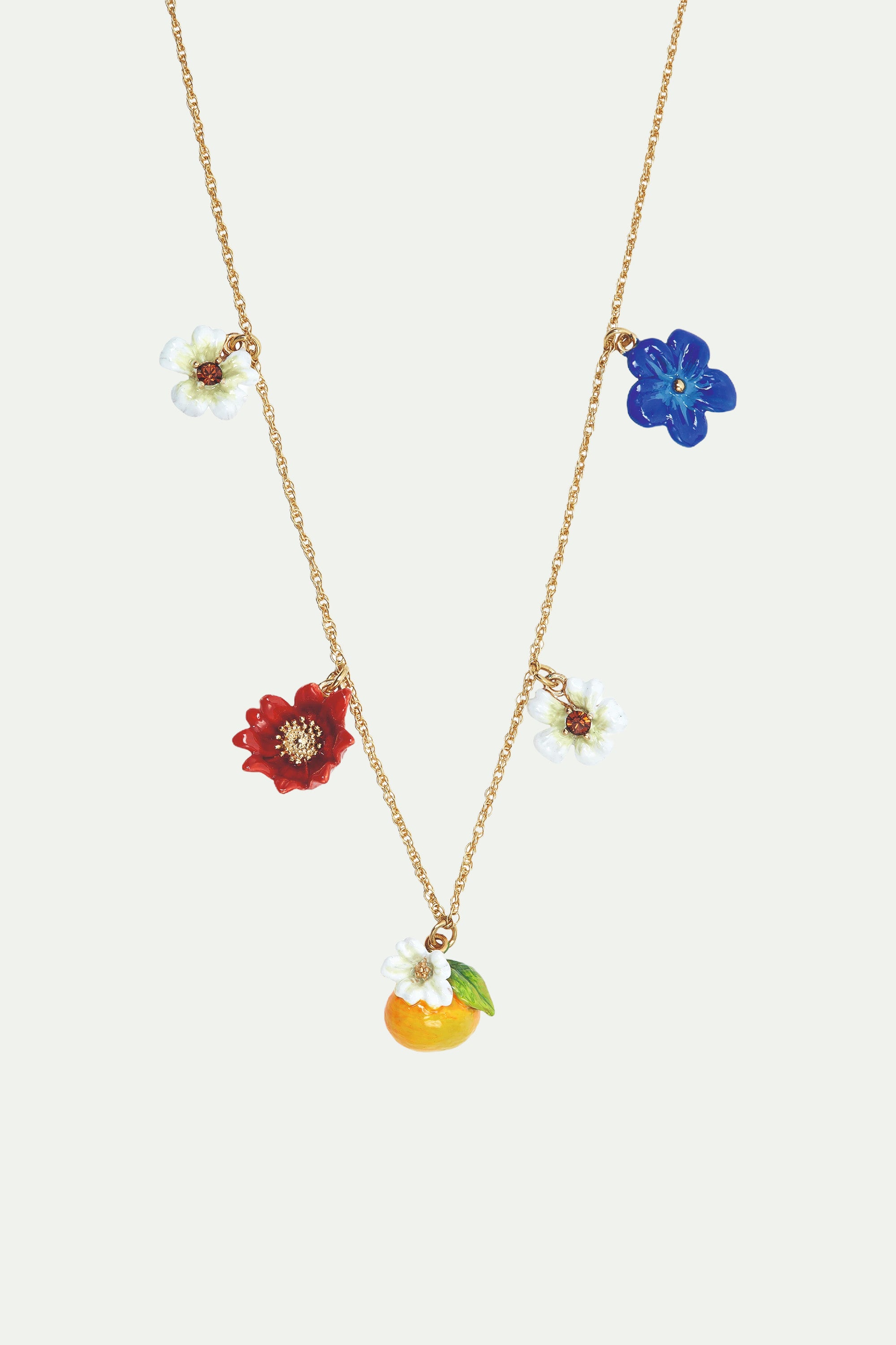 Blue, white and red flowers, clementine and butterfly charm necklace
