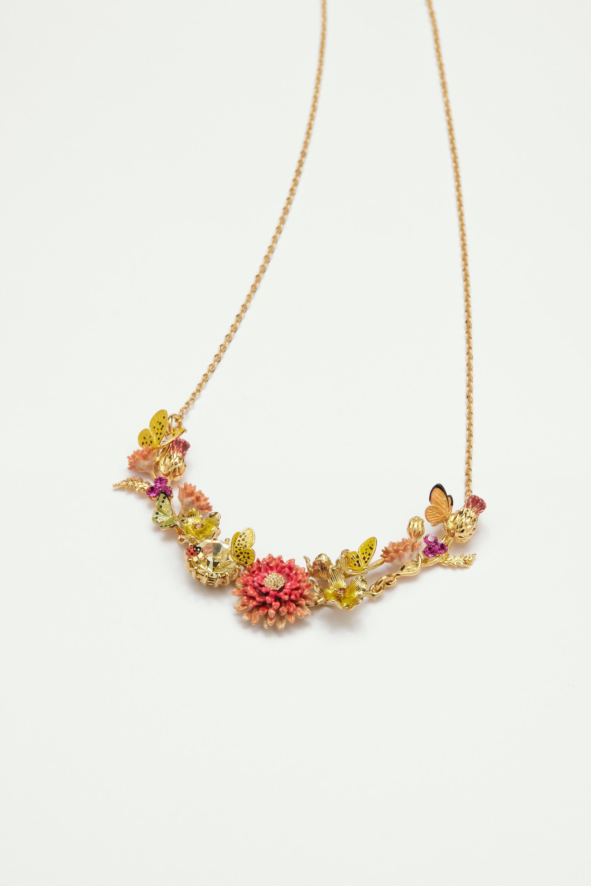 Butterfly field, flower and stone statement necklace