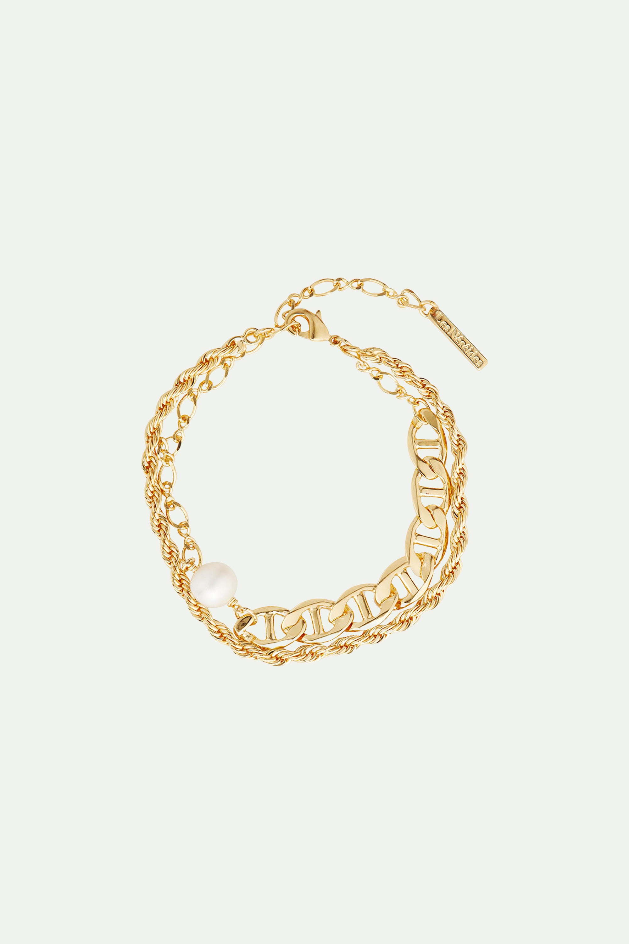 Bracelet perle blanche et double chaine torsadée et chaine maille marine