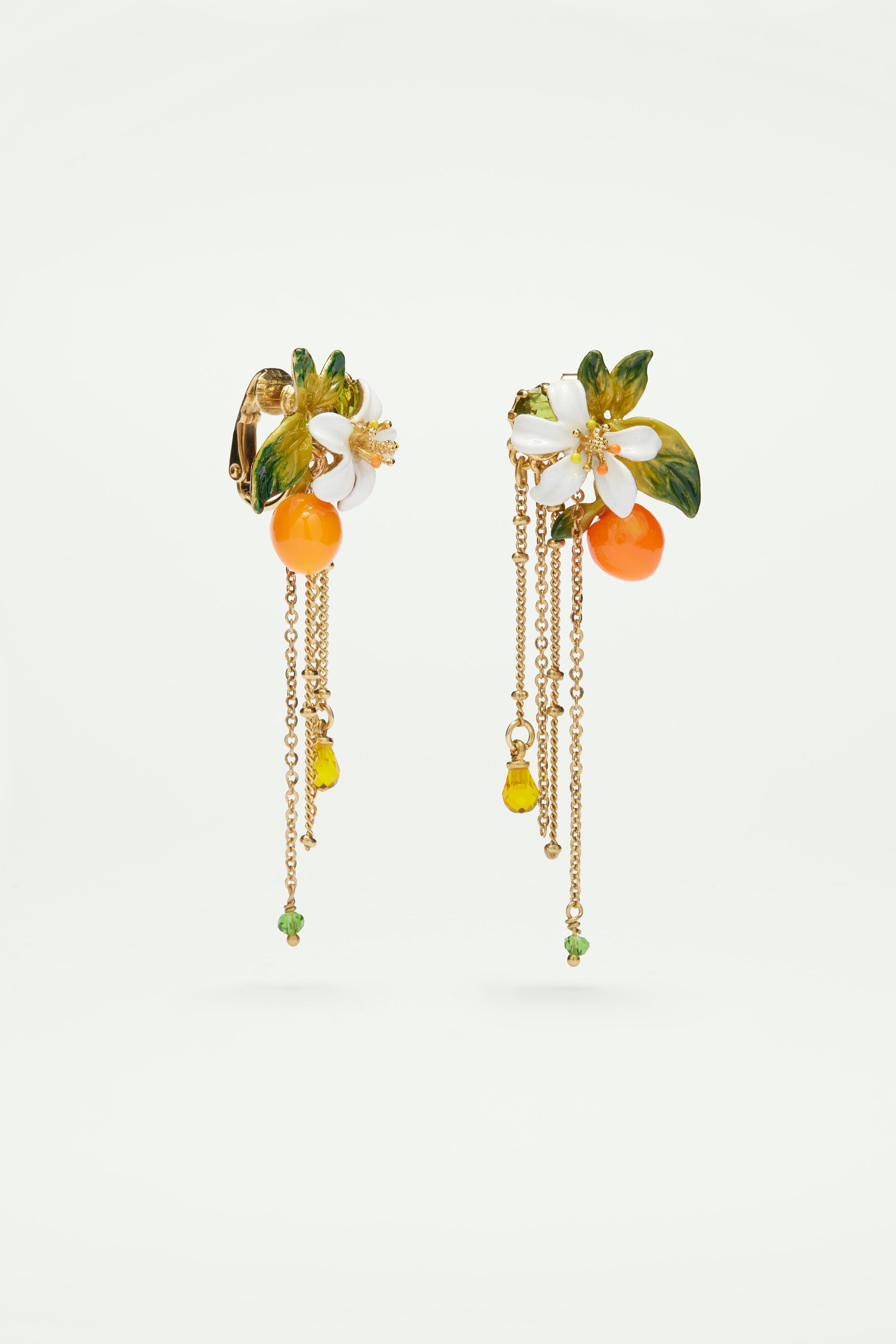 Boucles d'oreilles orange, fleur d'oranger et chaînes