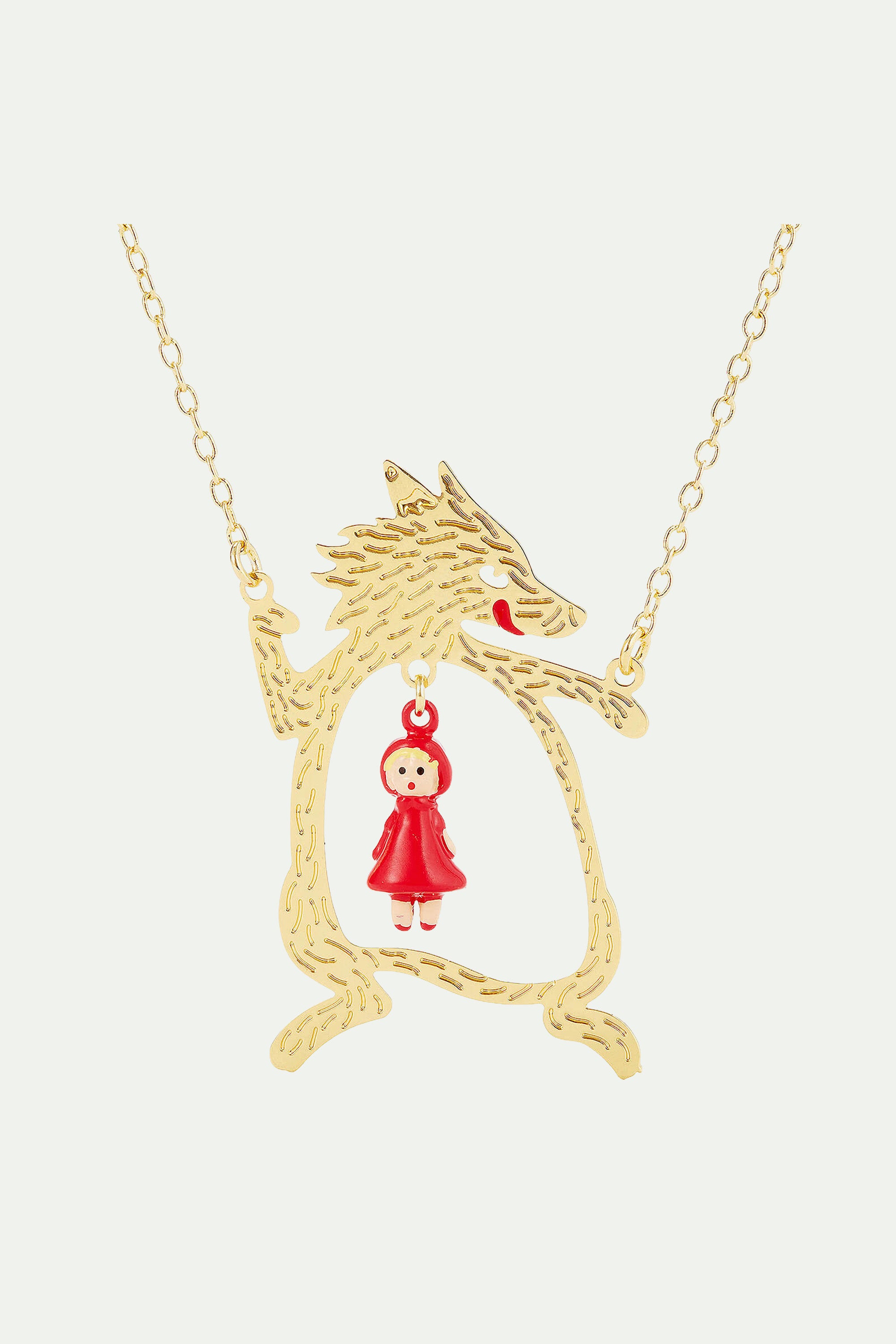 Golden Big Bad Wolf and Little Red Riding Hood pendant necklace