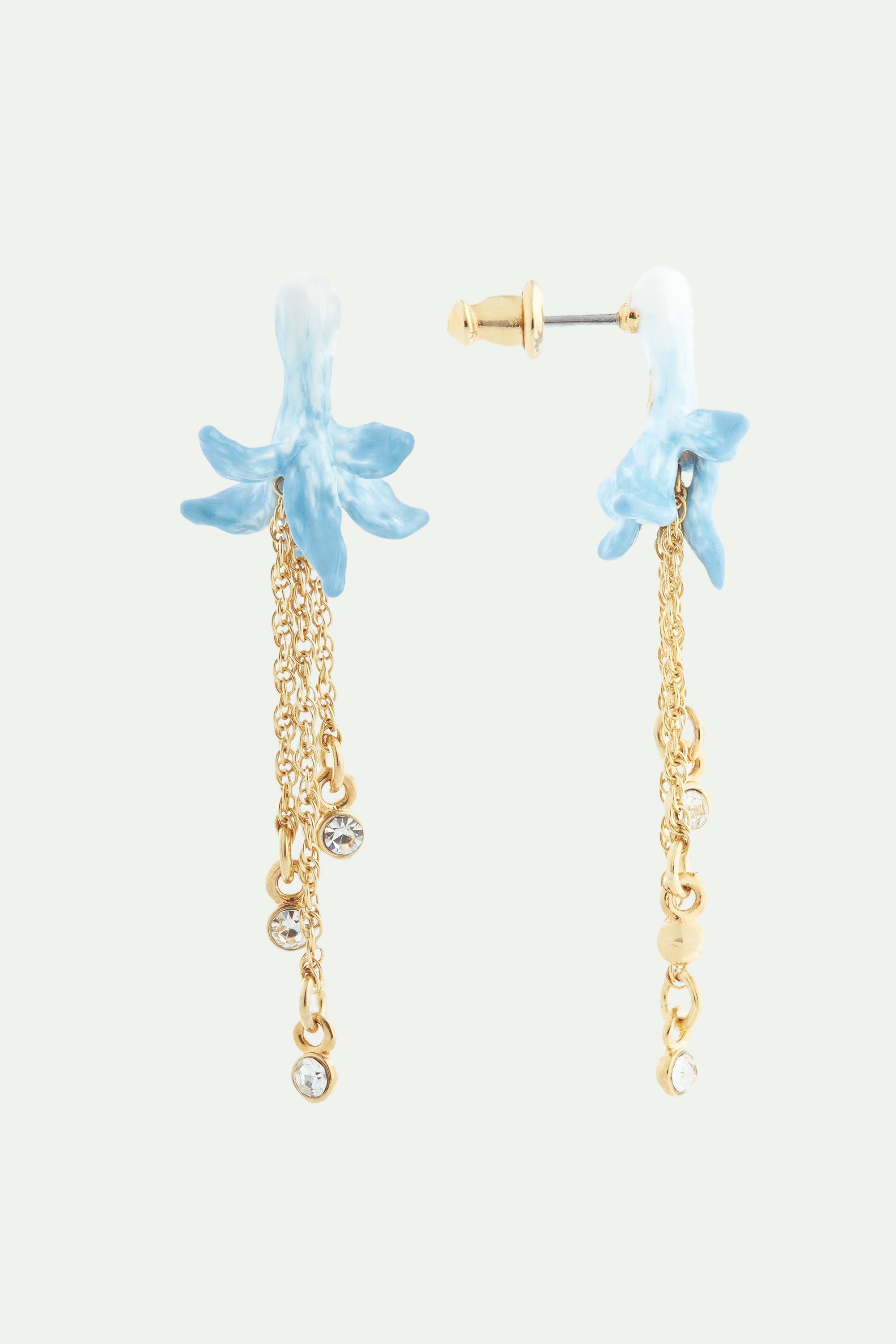 Blue flower and crystal post dangling earrings