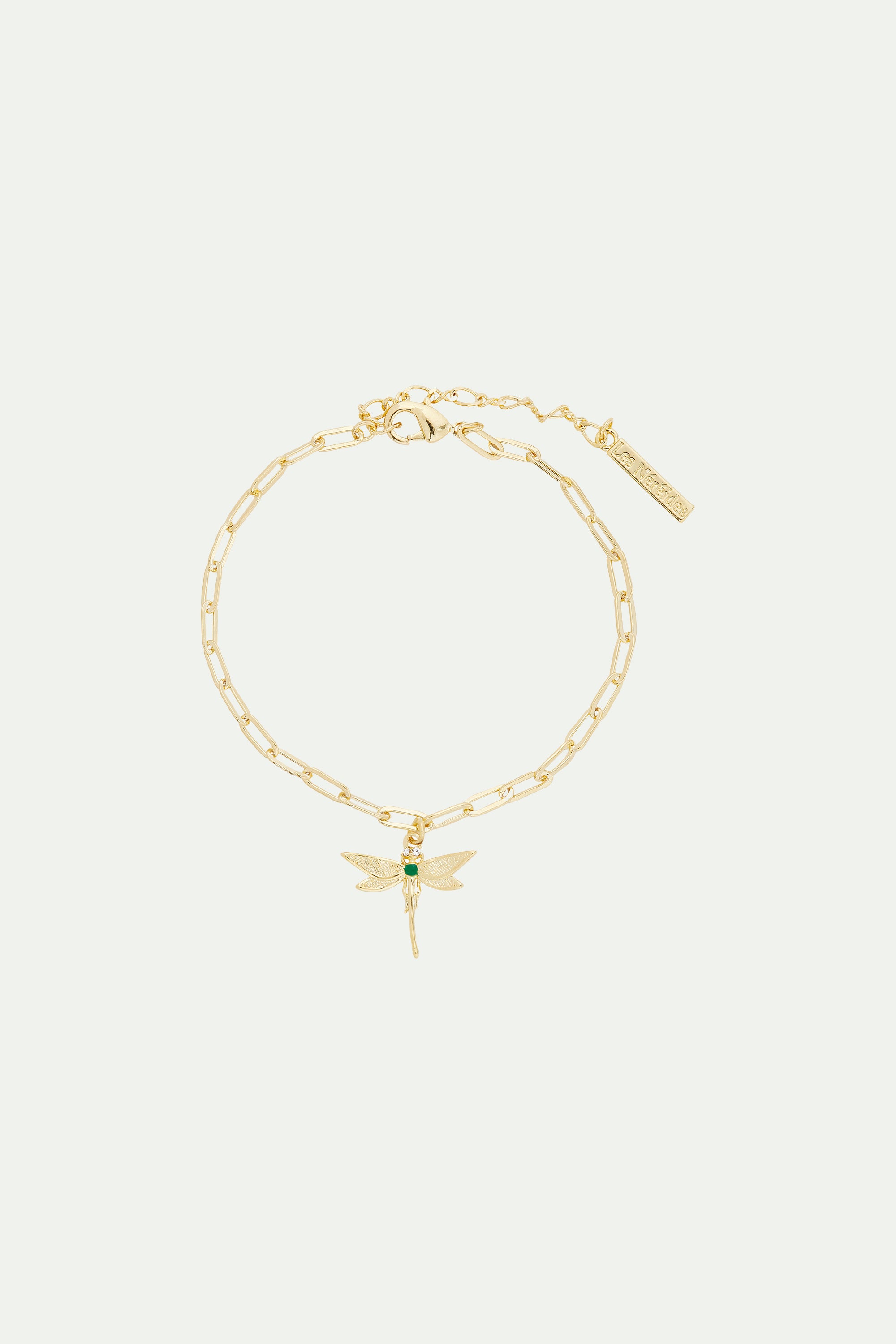 Bracelet chaîne maille rectangle et libellule dorée