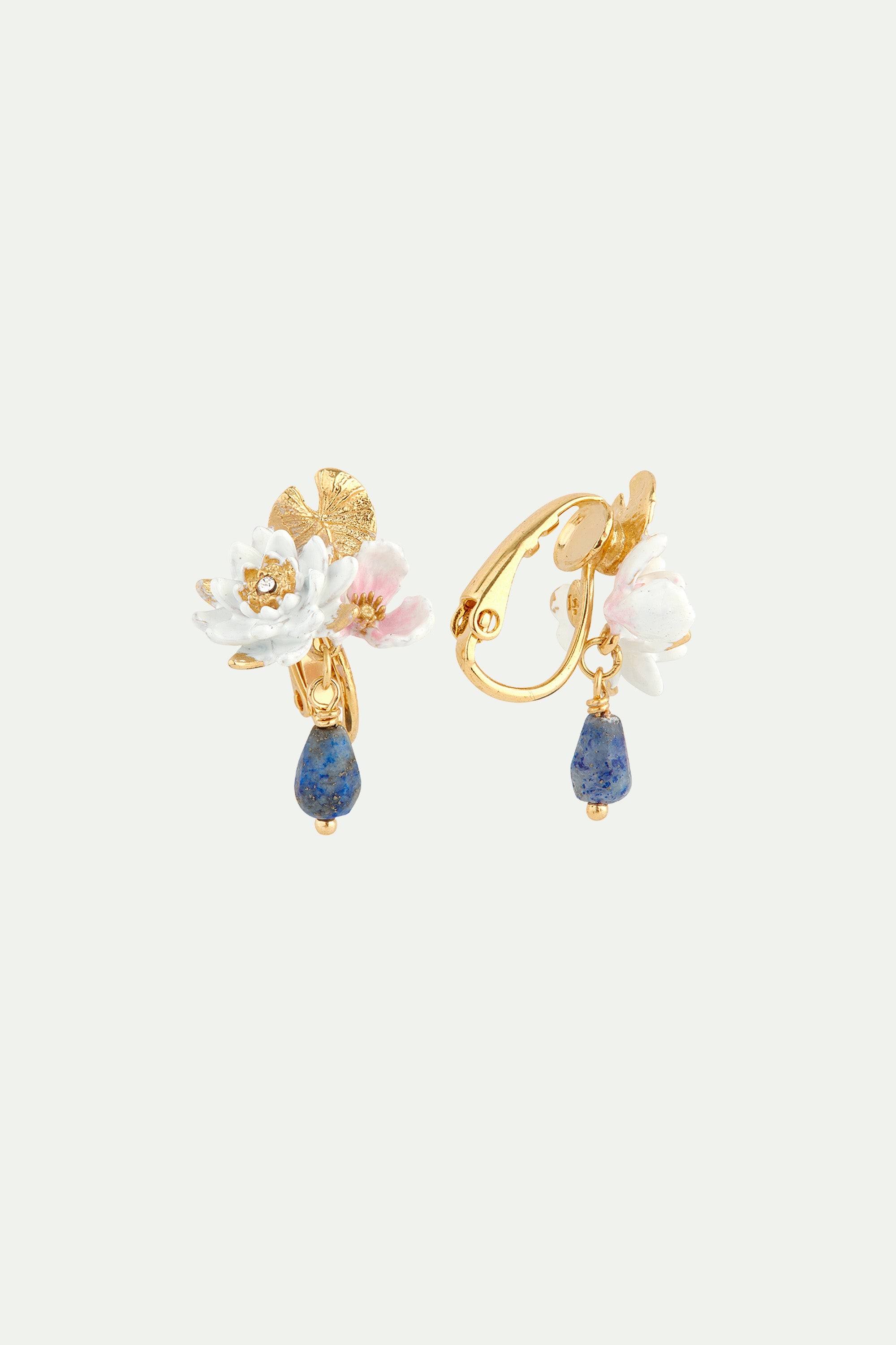 White water lily and lapis lazuli clip-on earrings