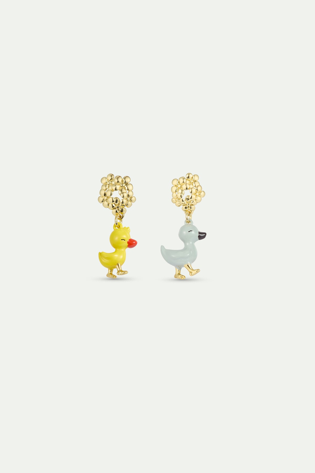 Boucles d'oreilles asymétriques Petit Canard jaune et bleu, fleurs dorées
