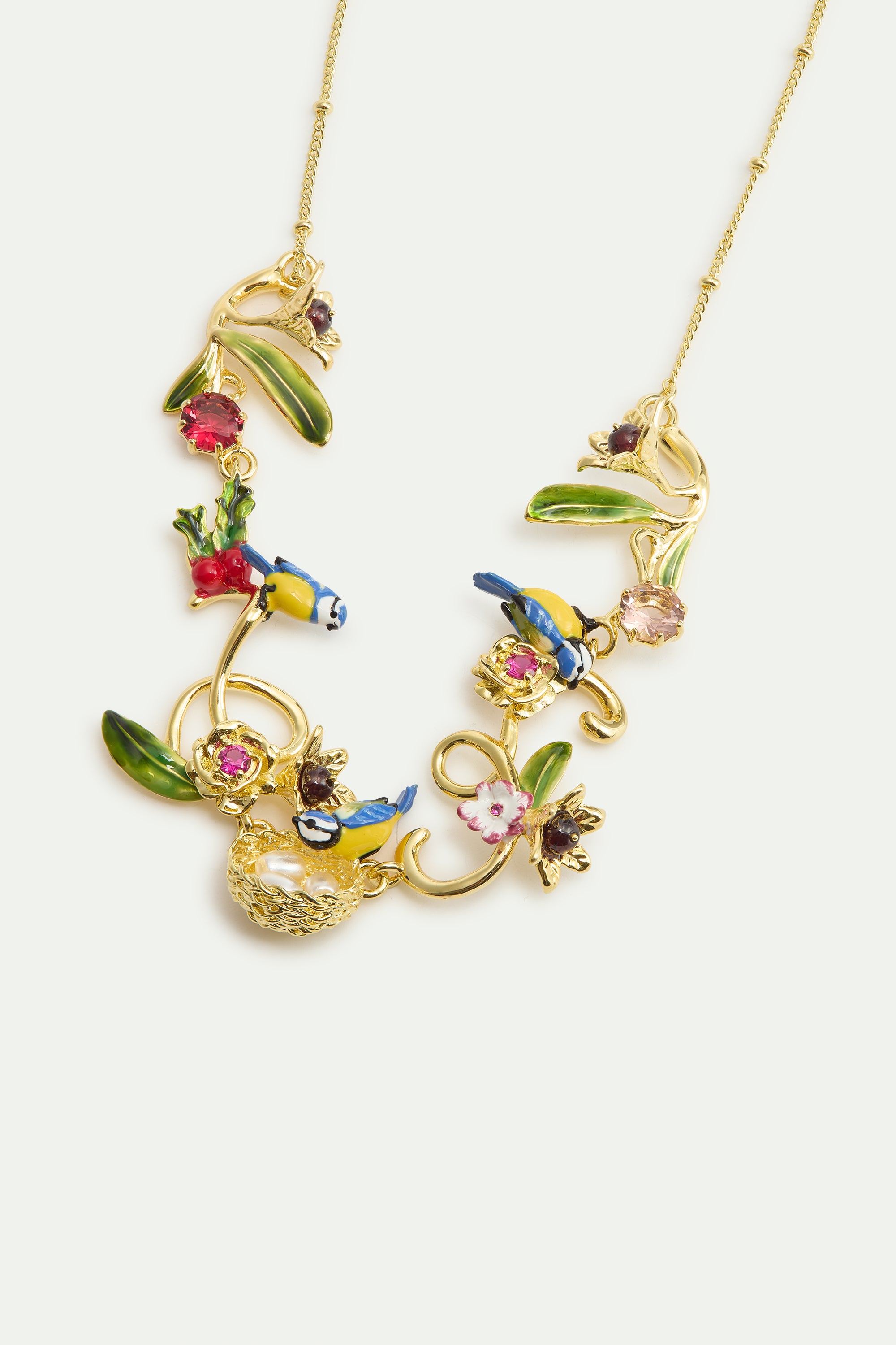 Collier nid doré, mésanges, perles et pierres roses