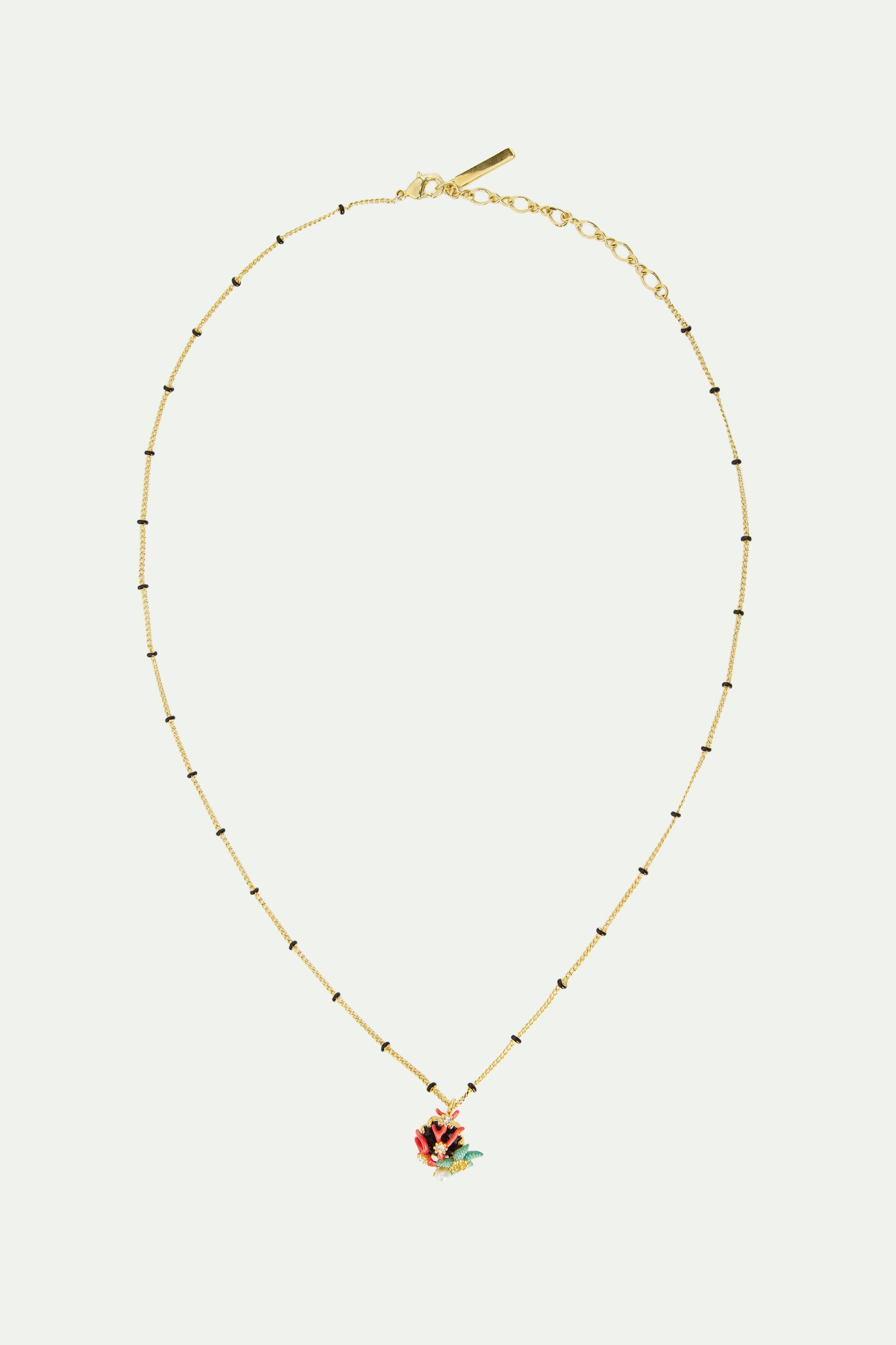 Collar colgante piedra redonda facetada negra, coral rojo, estrella de mar azul y perla cultivada