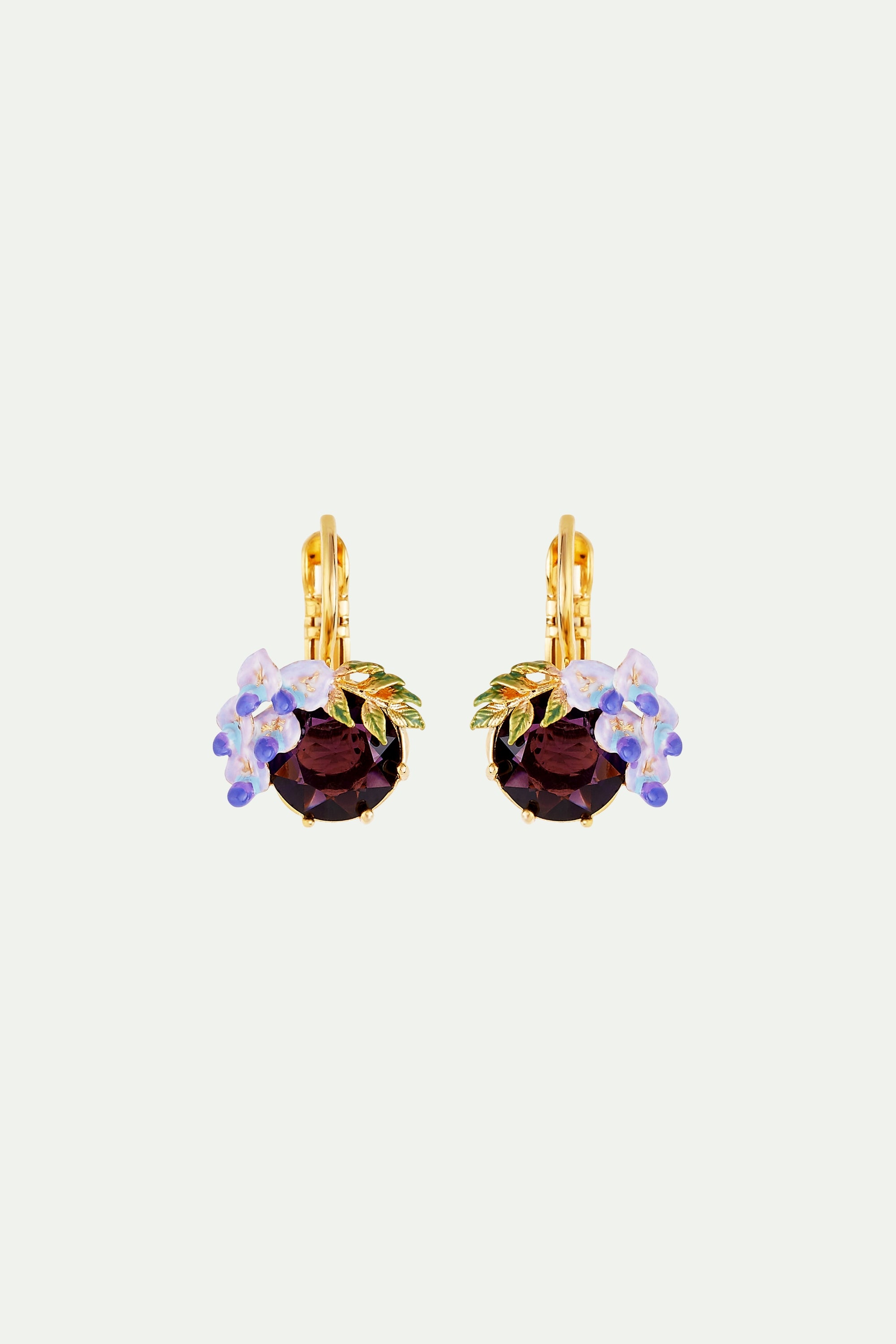 Small Wisteria Flower And Faceted Glass Stone Sleeper Earrings