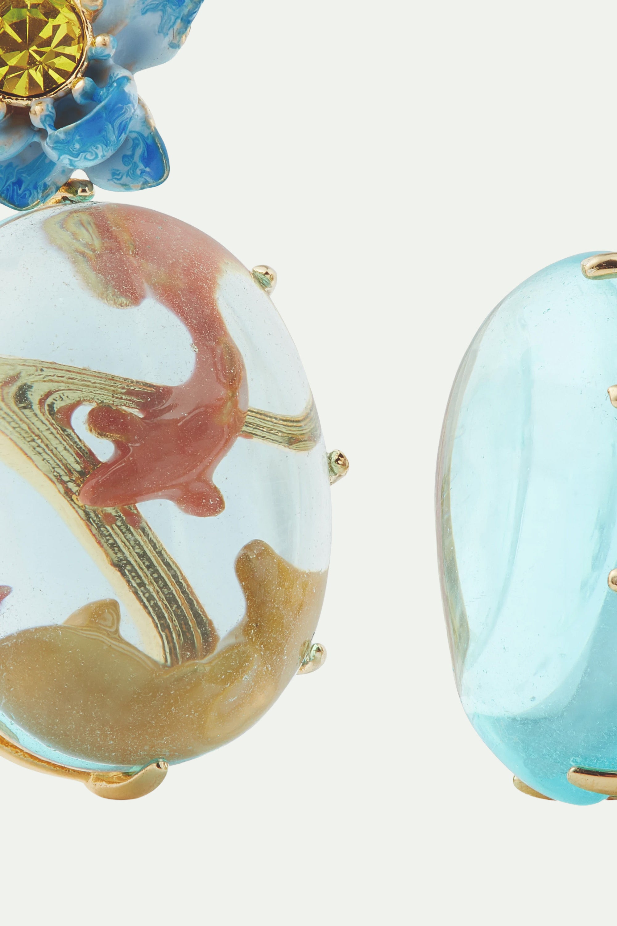 Blue lotus, glass oval and koi fish post earrings