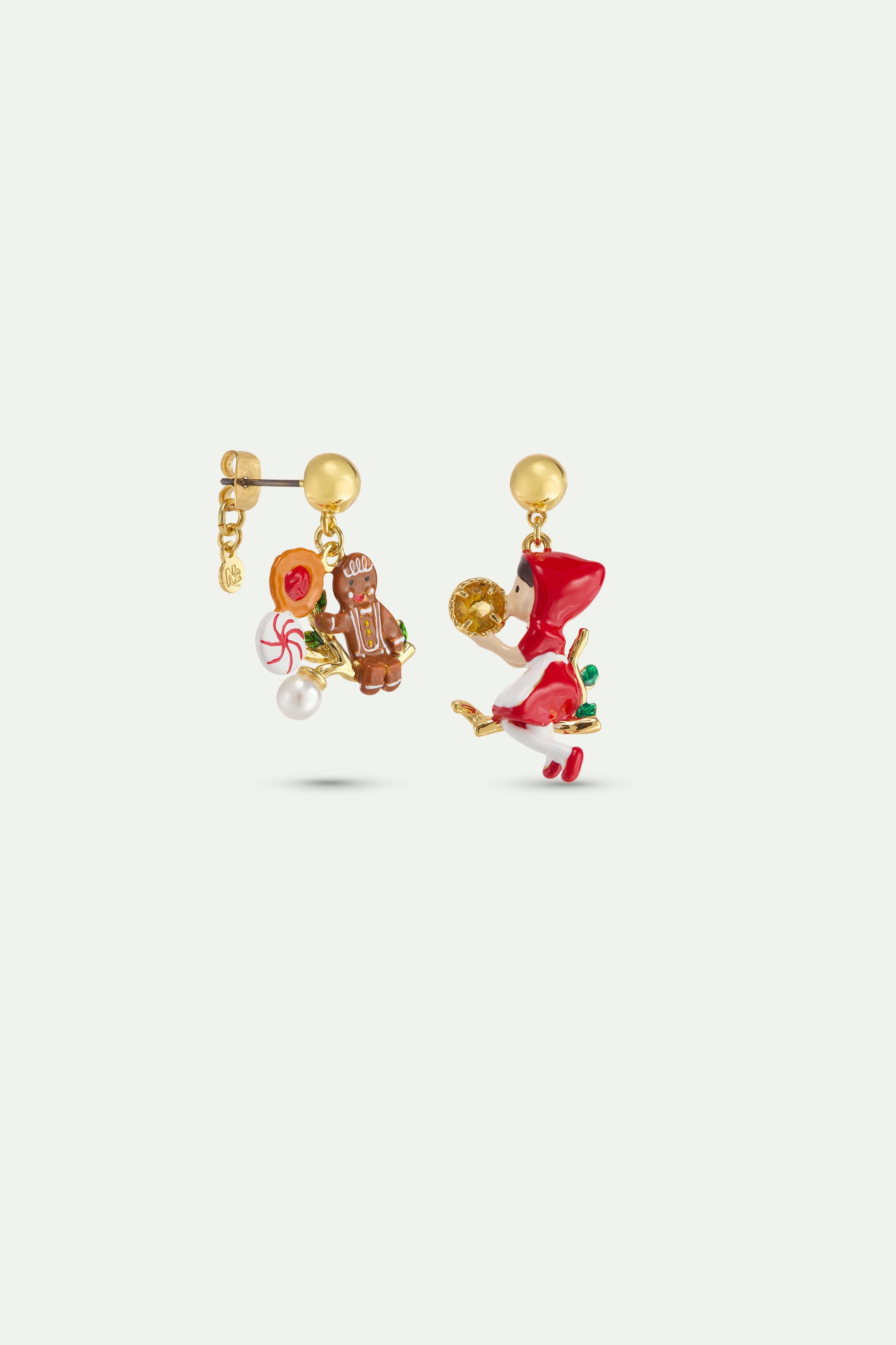 Boucles d'oreilles asymétriques bonhomme pain d'épice et bonbons, Petit Chaperon Rouge et verre facetté