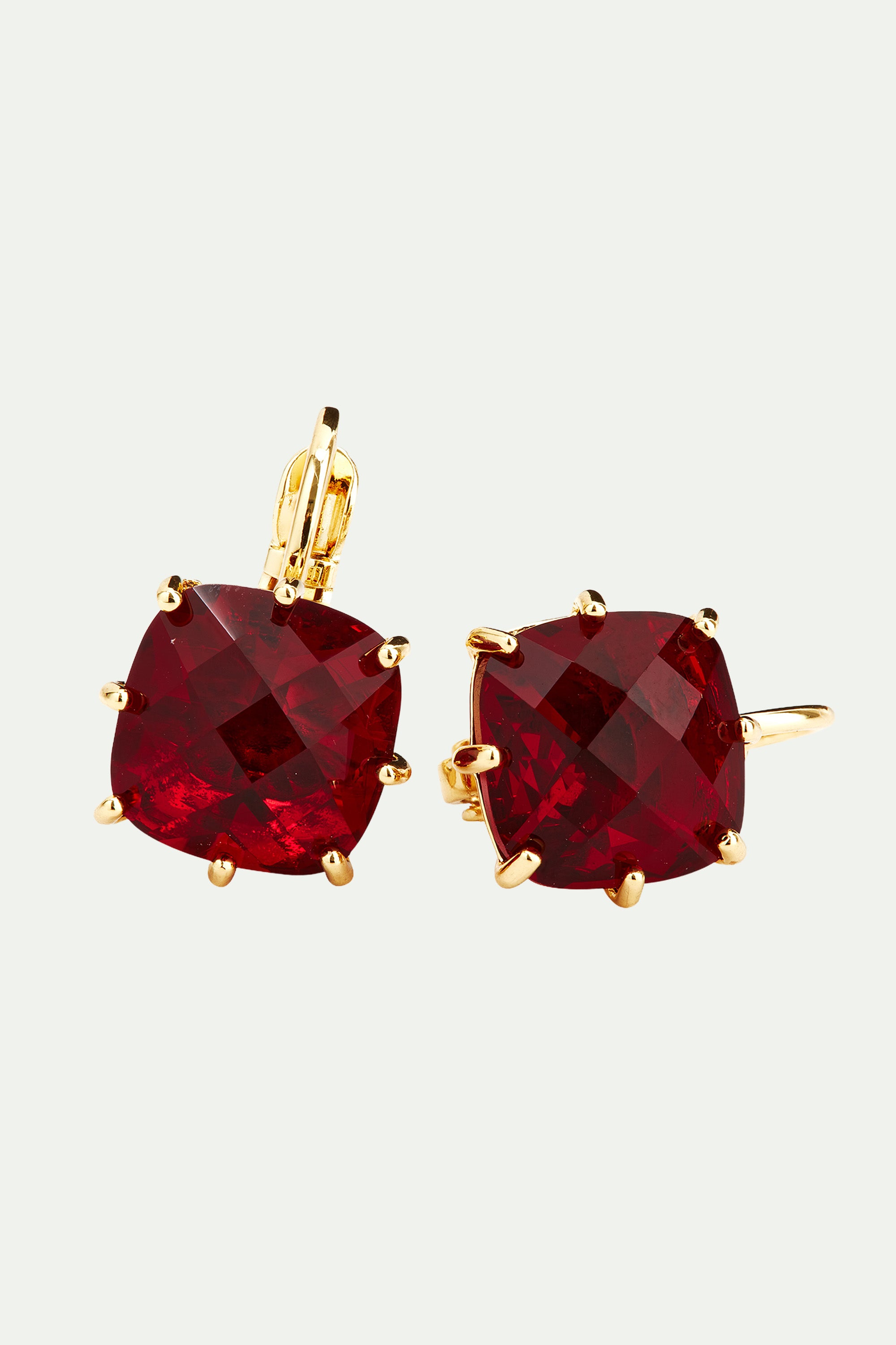 Garnet red diamantine square stone sleeper earrings