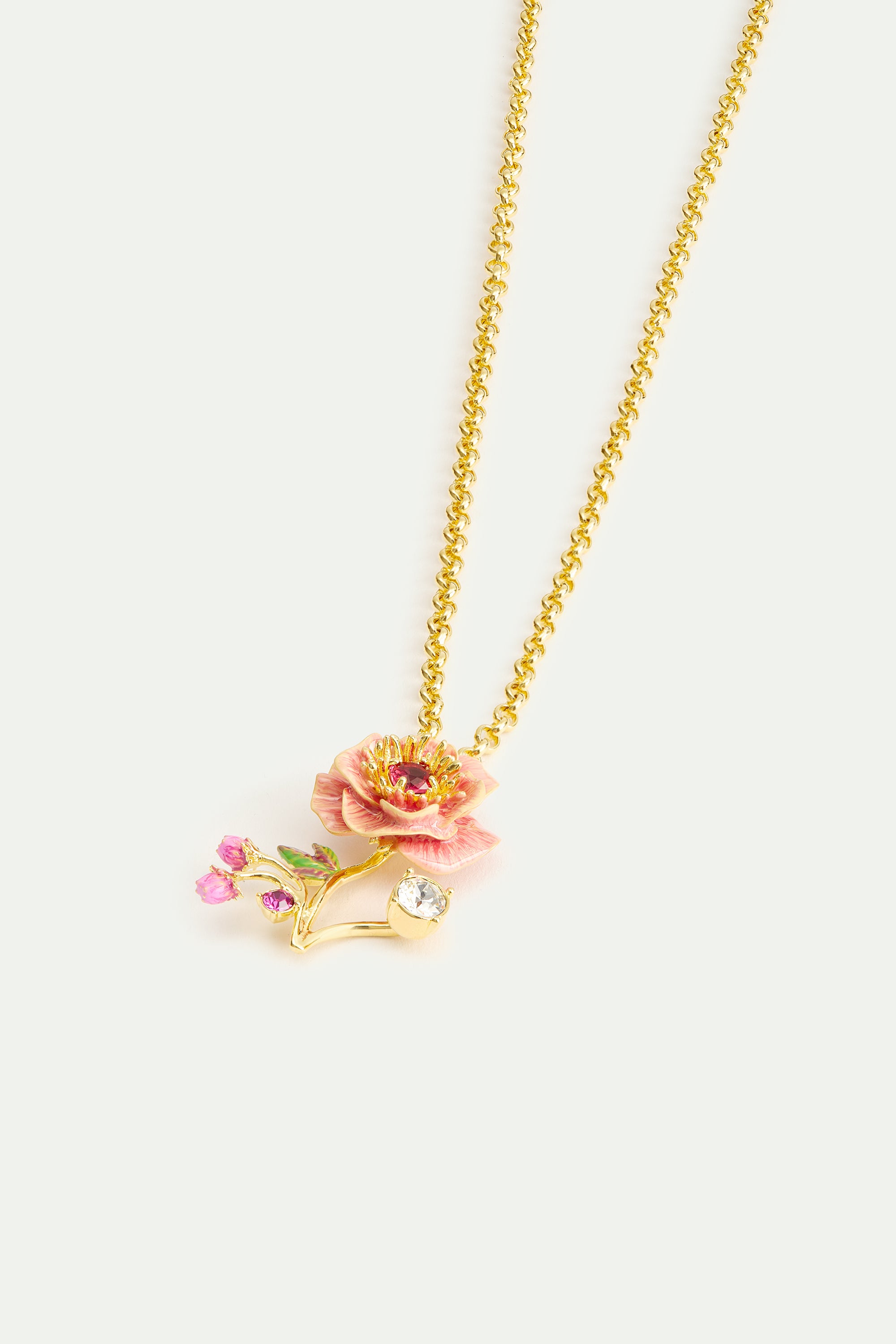 Collier anémone rose, boutons de rose et cristal