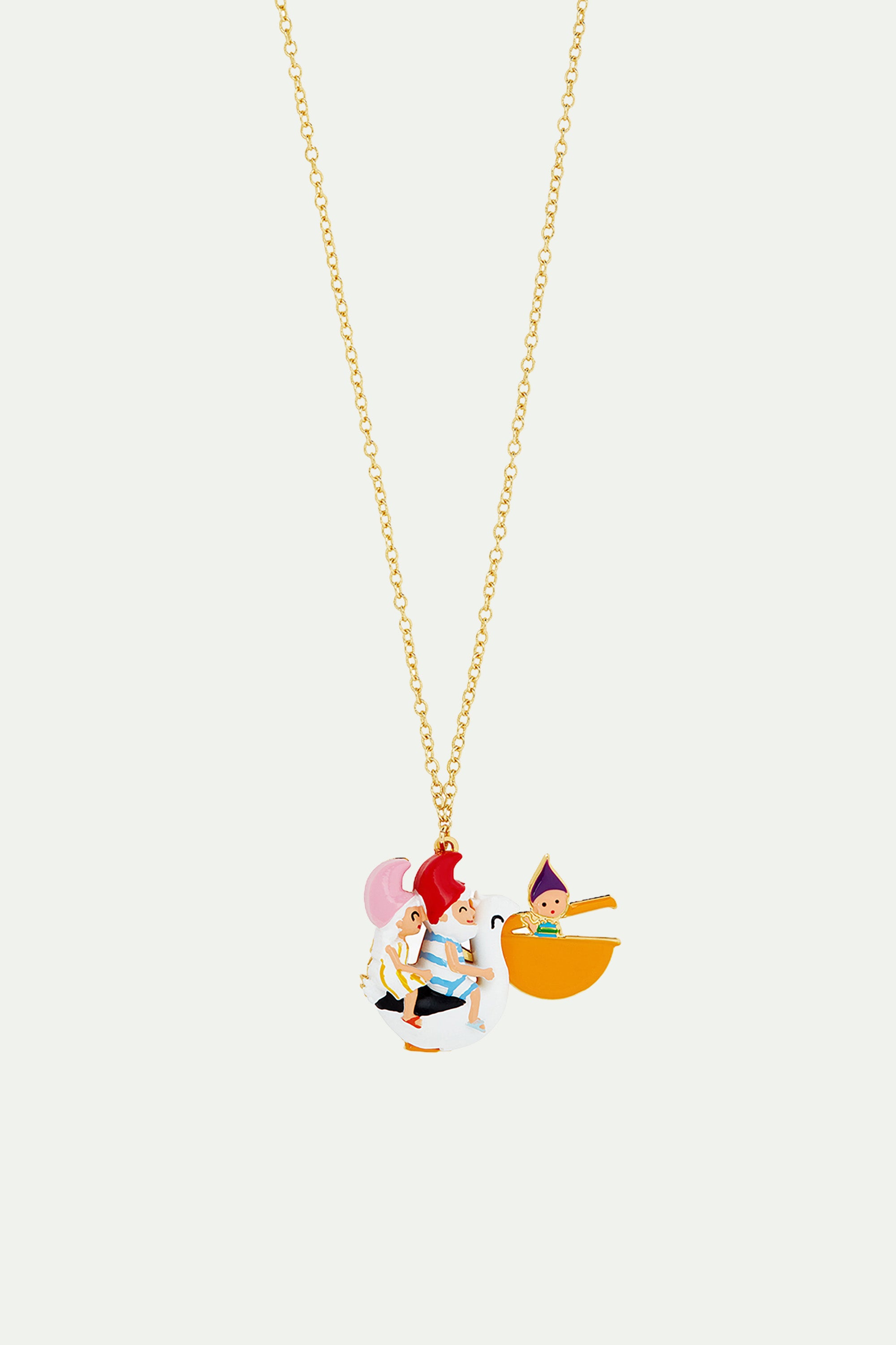 Toadstool family couple riding a pelican pendant necklace