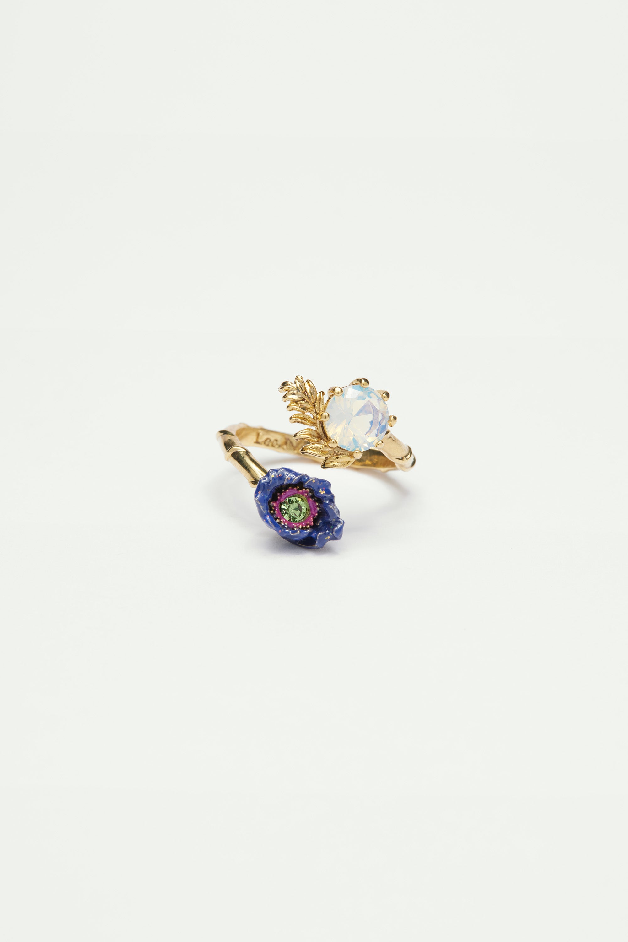 Anemone flower and crystal adjustable ring