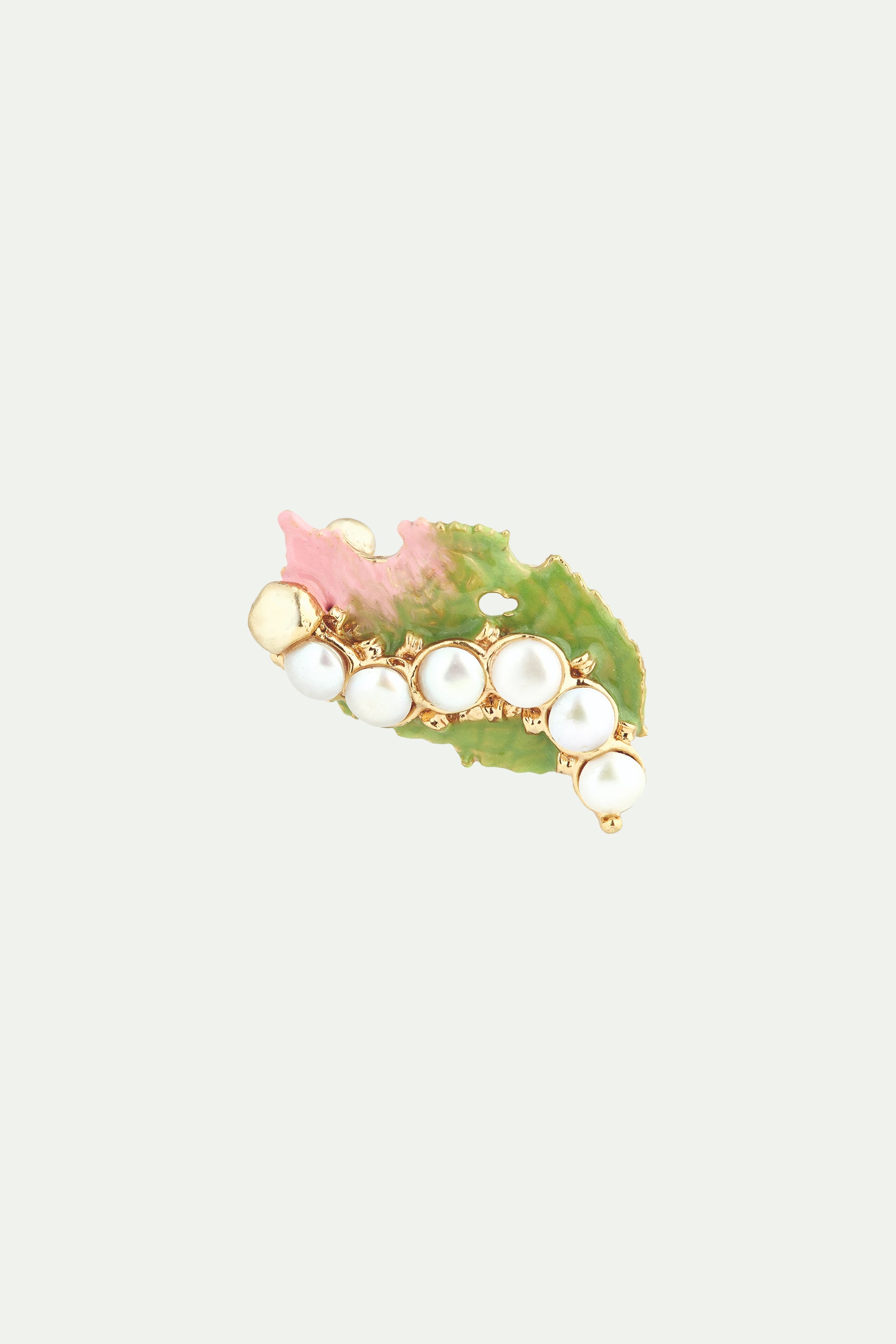 Cultured pearl and rosebush leaf brooch