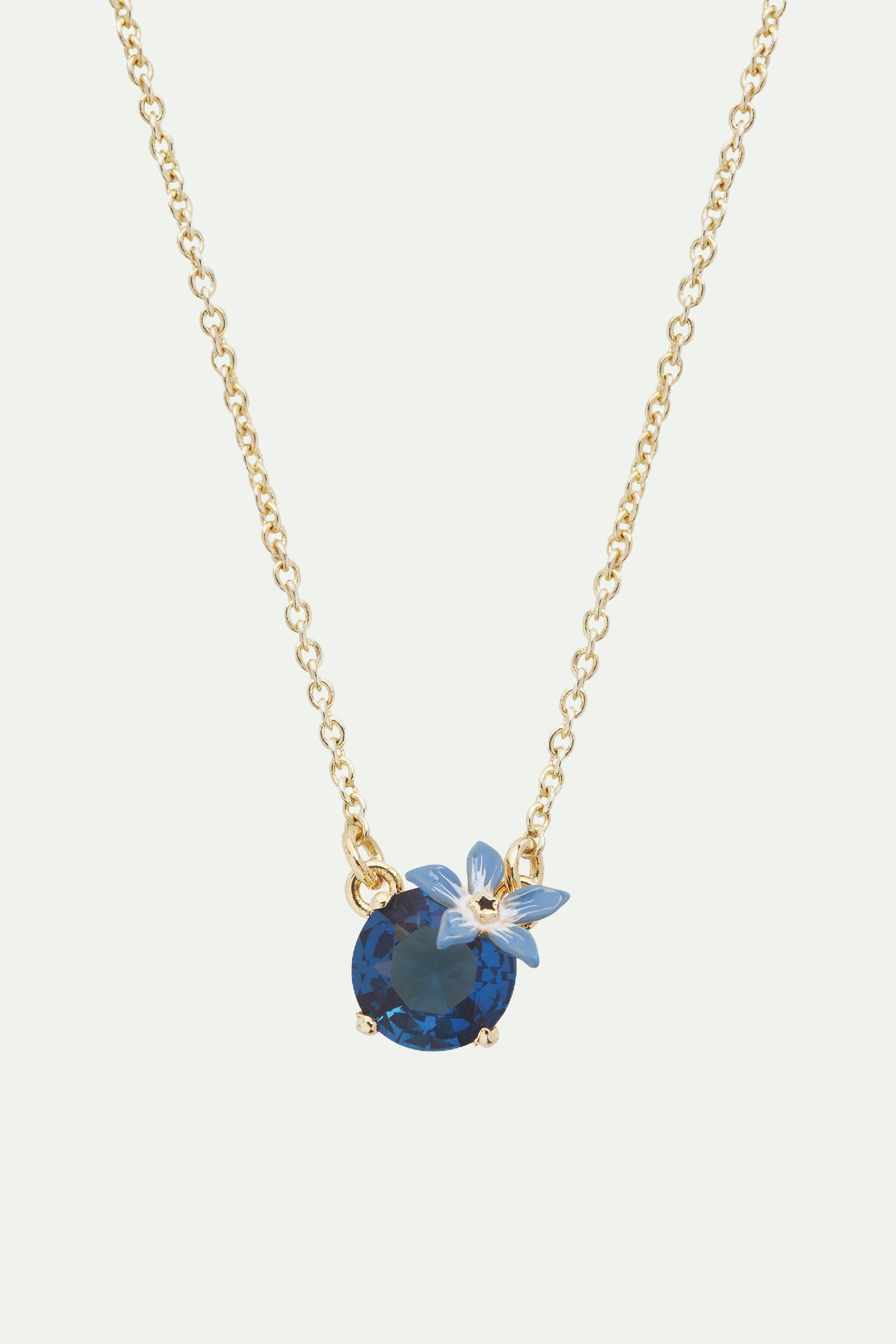 Blue flower and round faceted glass pendant necklace