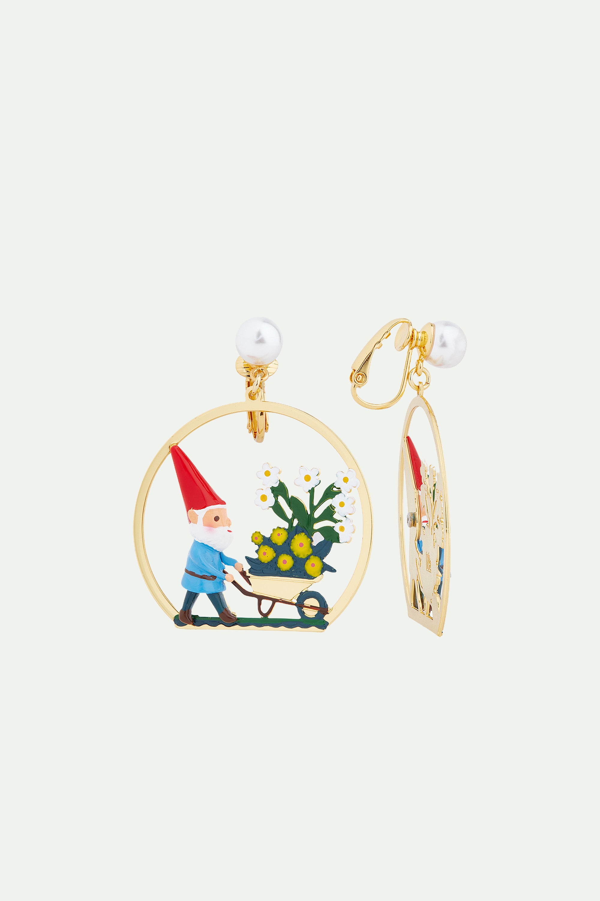 Garden gnome and flower picking clip-on earrings