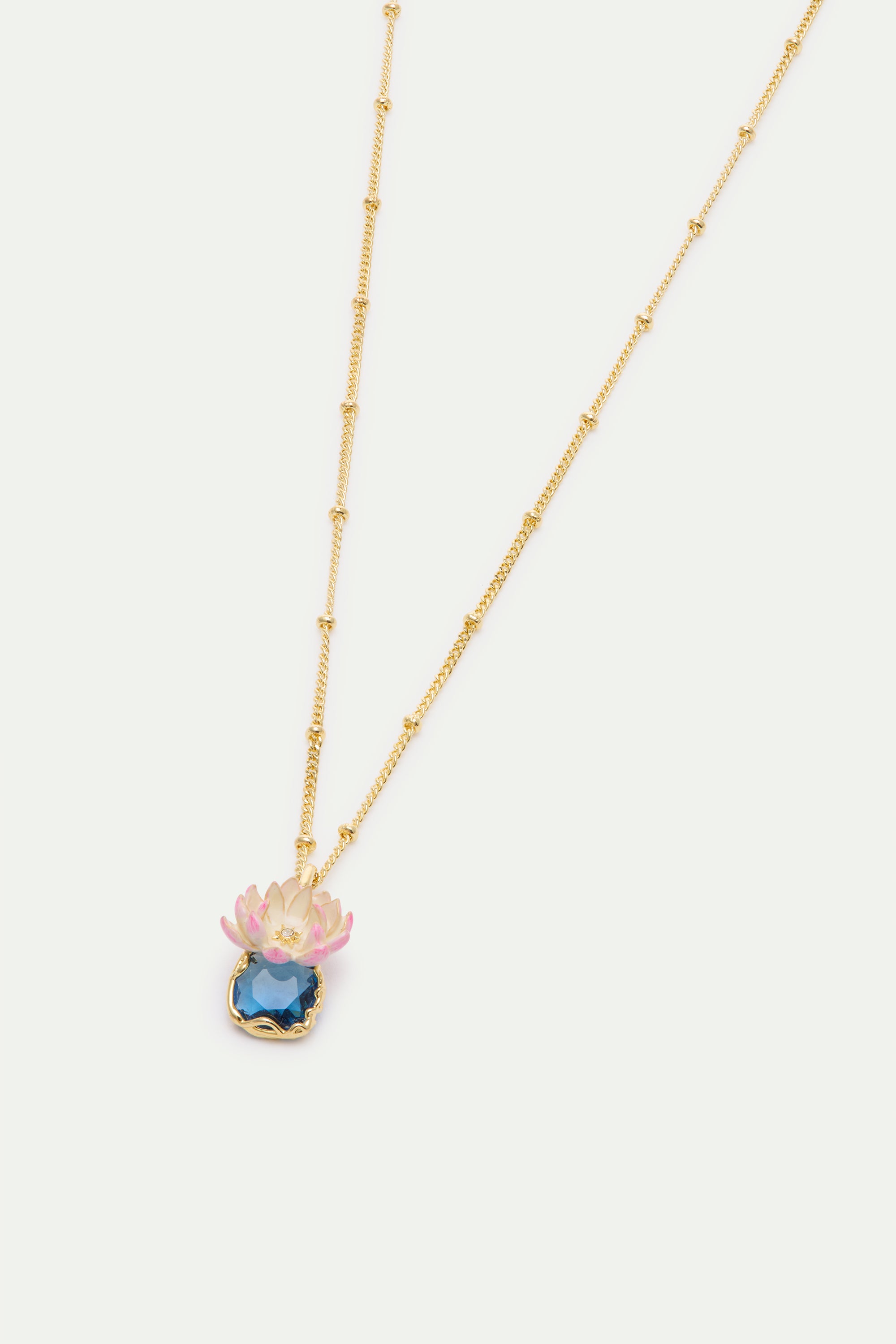 Pink water lily and round blue stone pendant necklace
