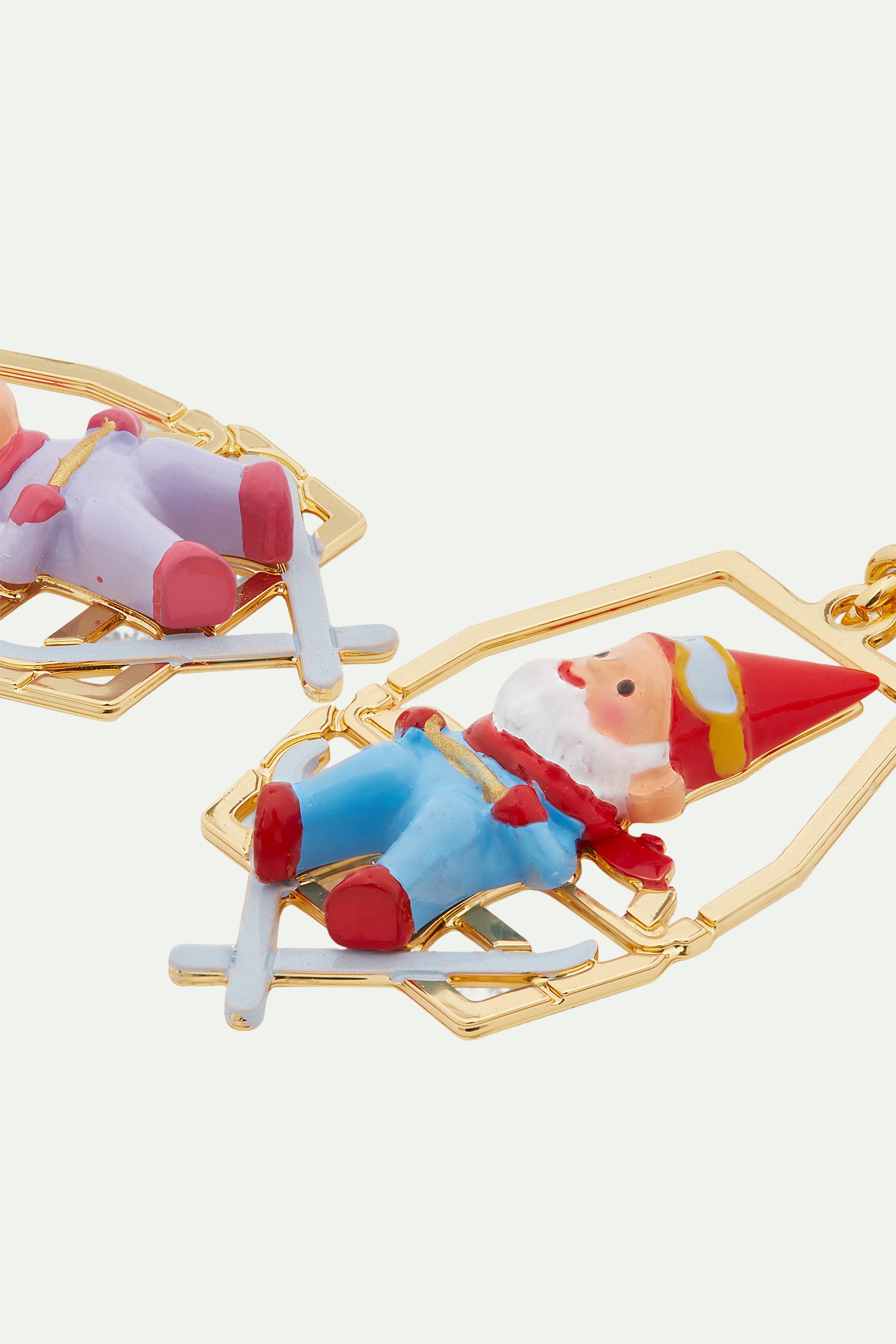 Garden gnomes sitting on chairlift clip-on earrings