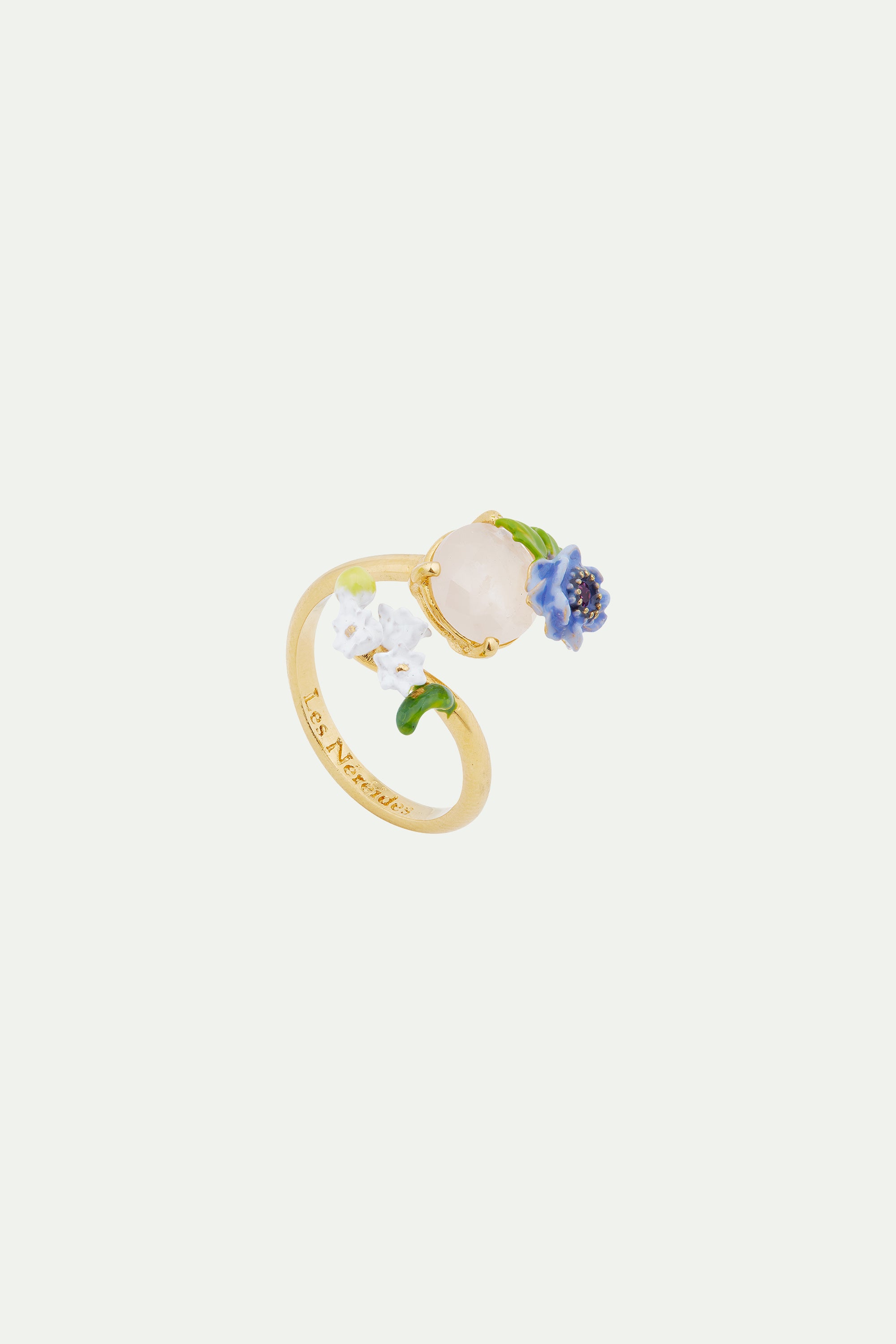 Rose quartz and floral composition adjustable ring
