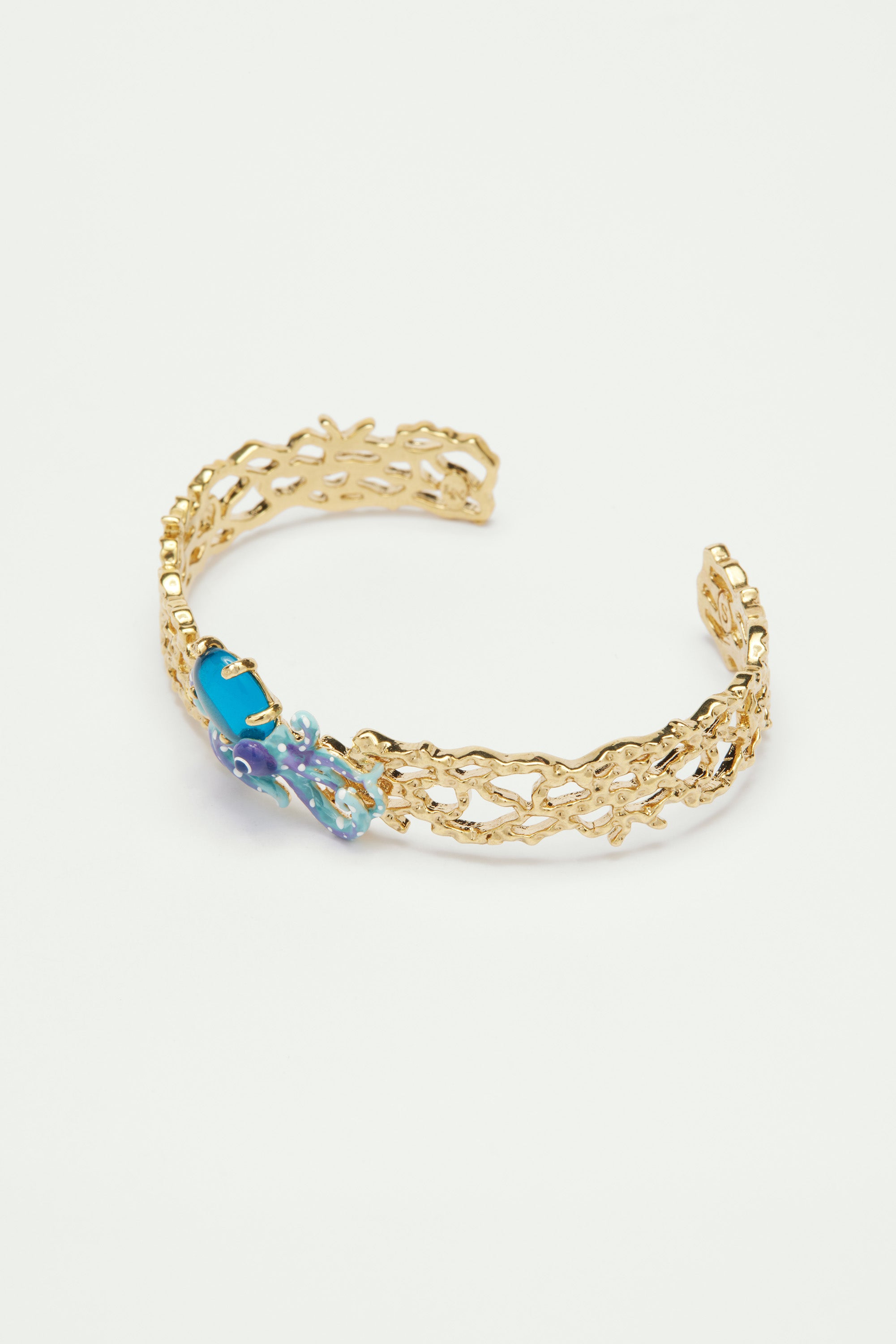 Bracelet jonc pieuvre bleue et pierre en verre taillé bleu