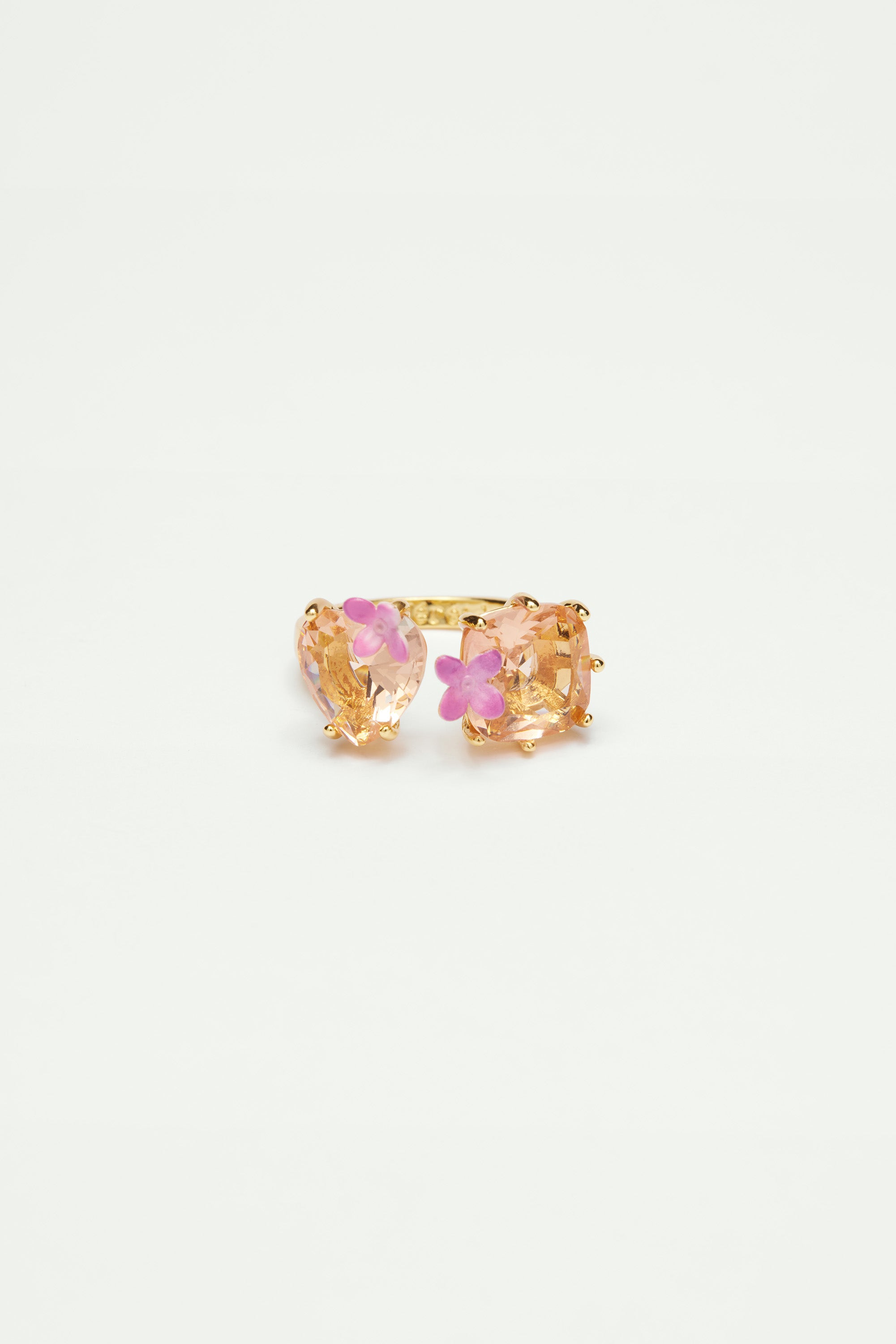 Apricot pink diamantine flower, heart and square stone ring