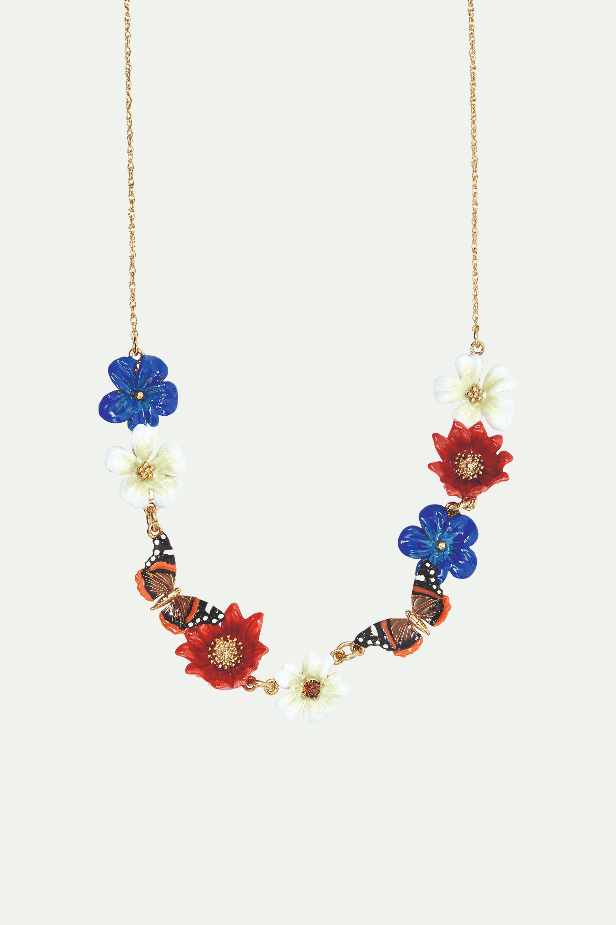 Collier plastron fleurs bleues, blanches, rouges et papillons