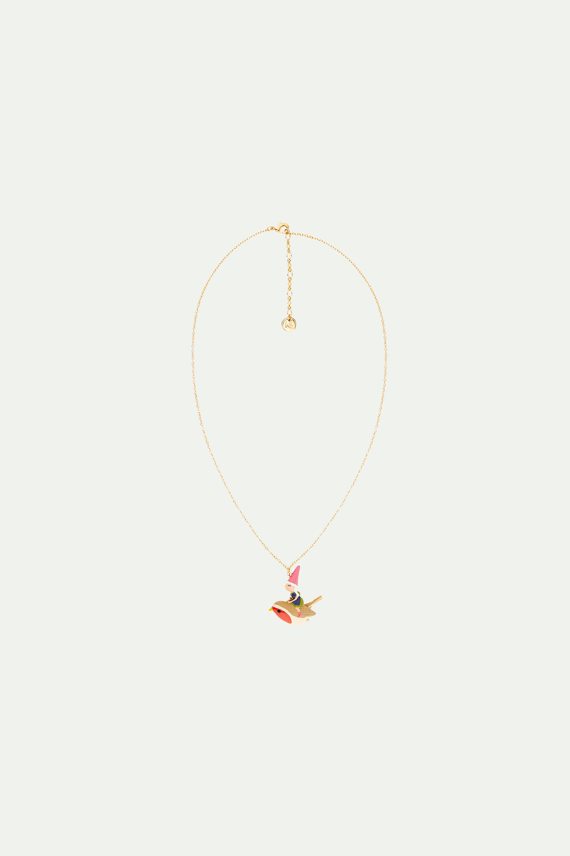 Garden gnome lady and bird riding pendant necklace