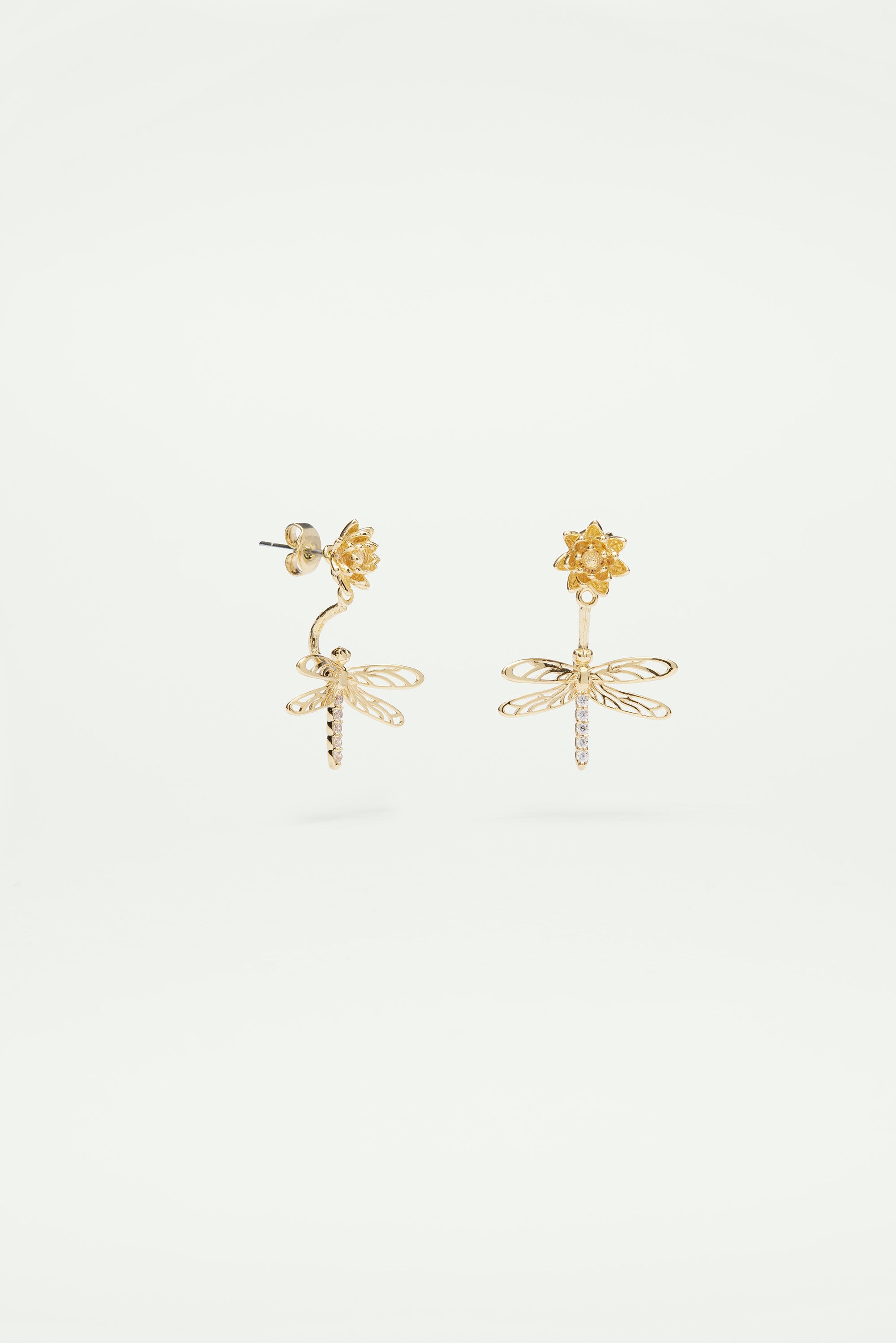 Dragonfly, flower and crystal dangling post earrings