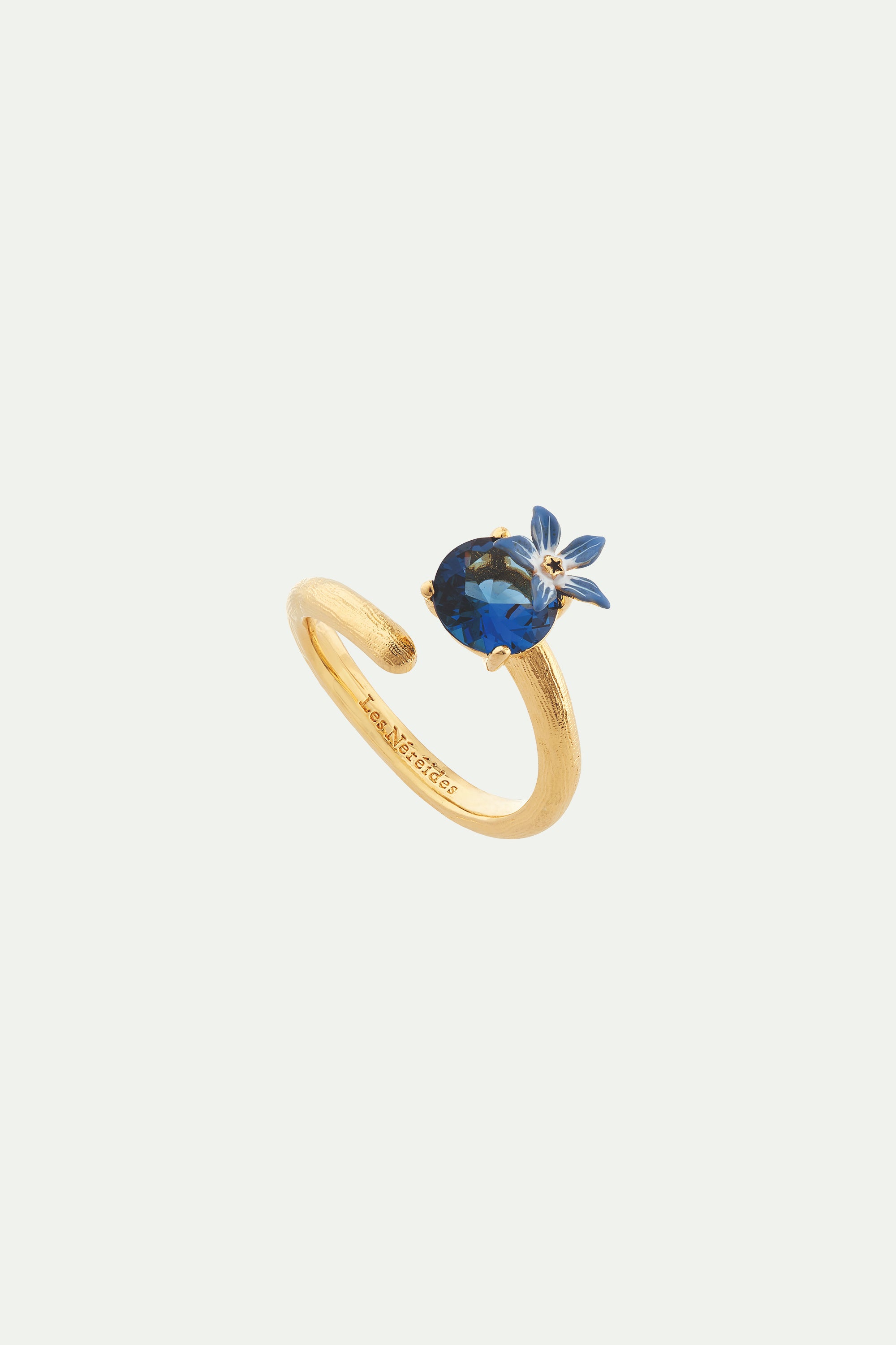 Blue flower and round faceted glass adjustable ring