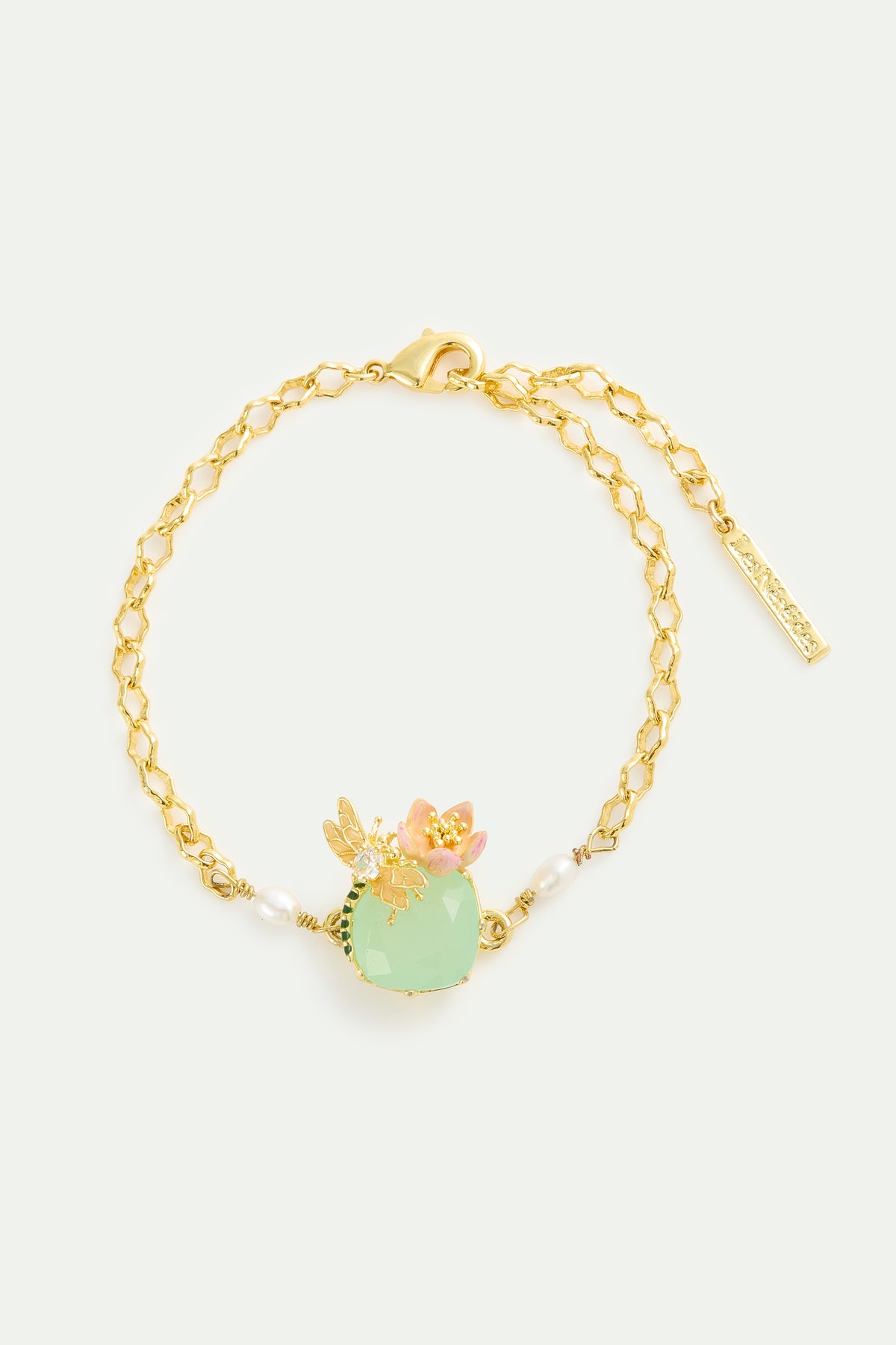 Bracelet pierre ronde verte, libellule, hellébore rose
