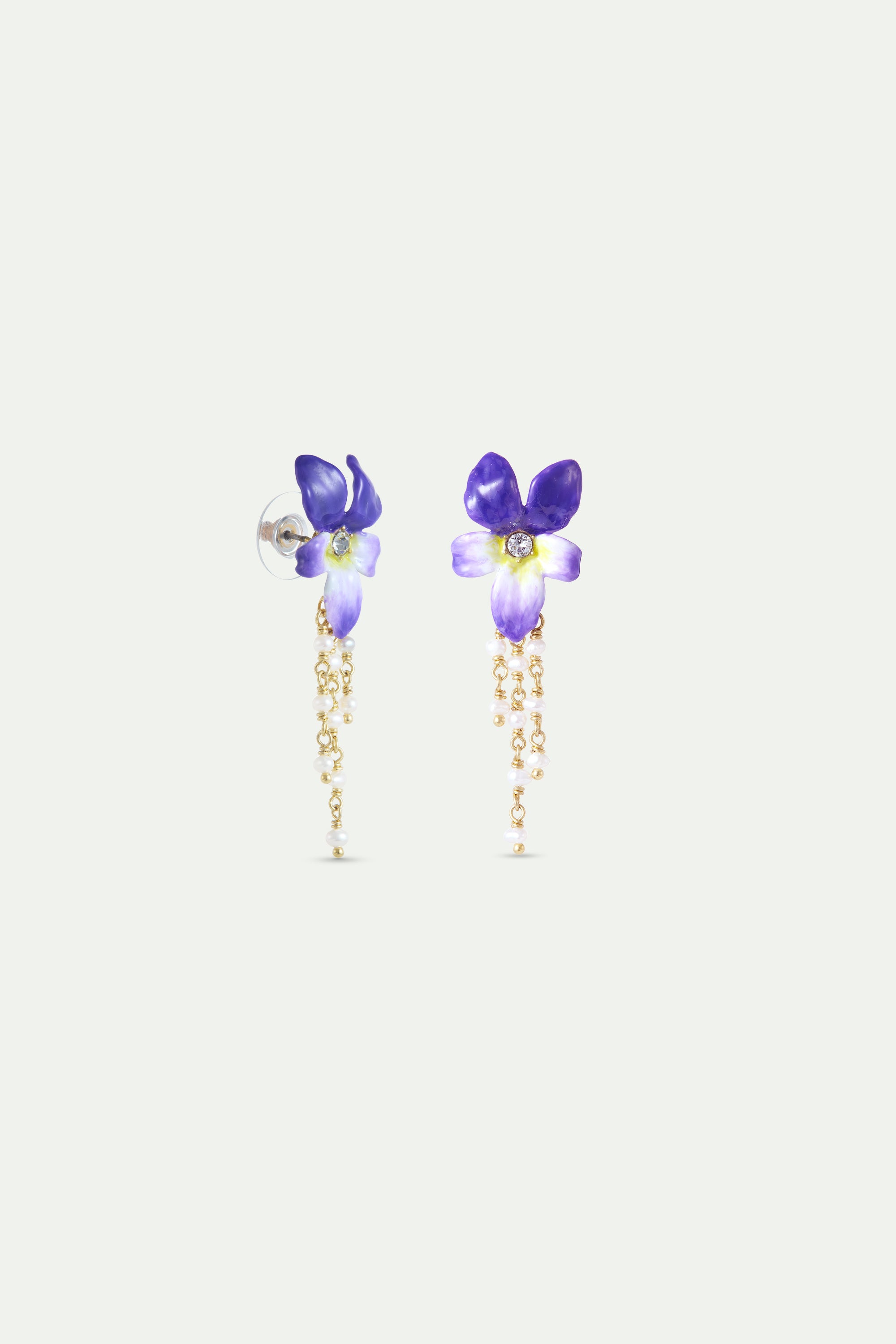 Boucles d'oreilles pendantes violette et perles de culture