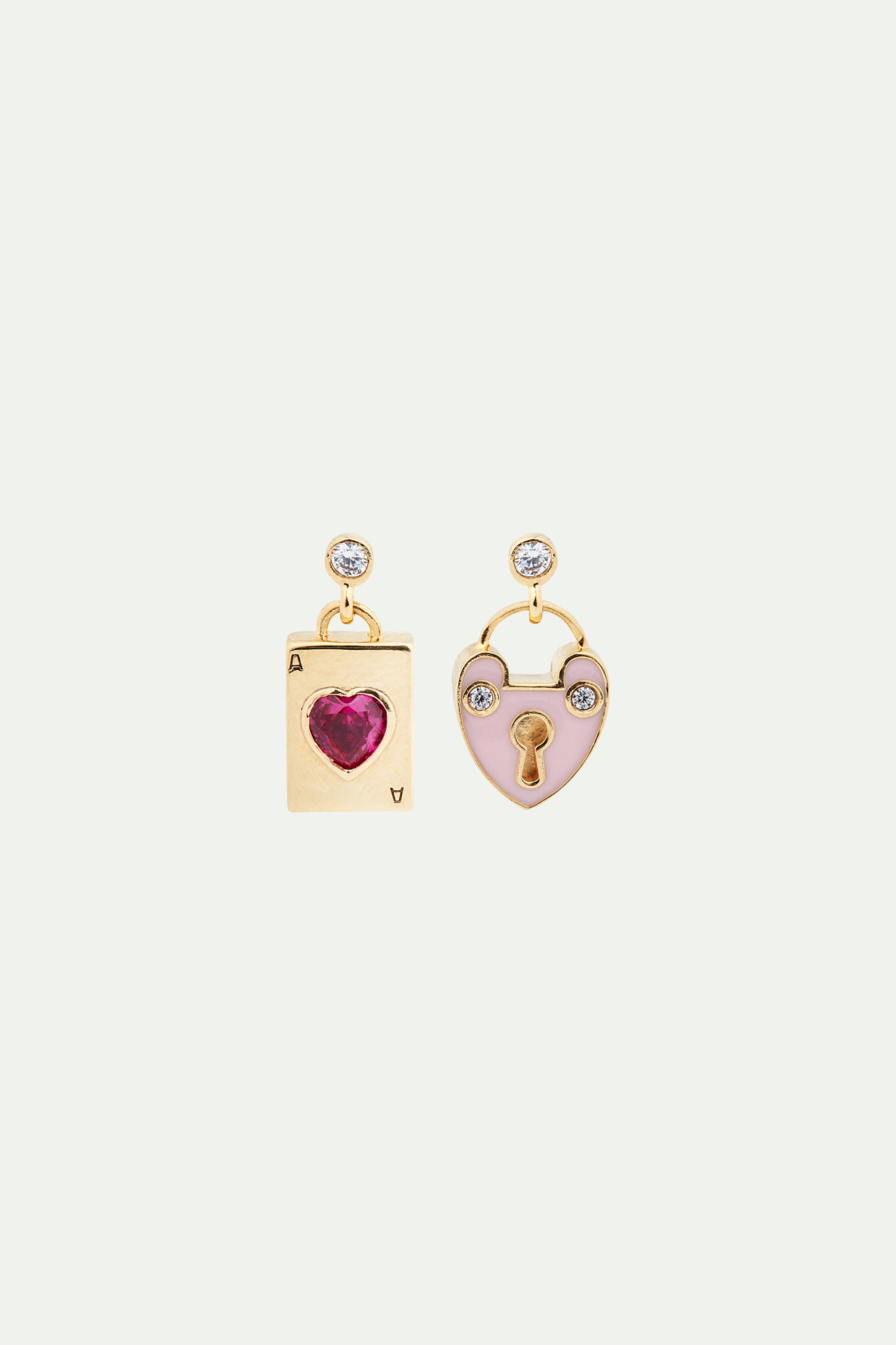 Boucles d'oreilles asymétriques cadenas coeur et carte coeur