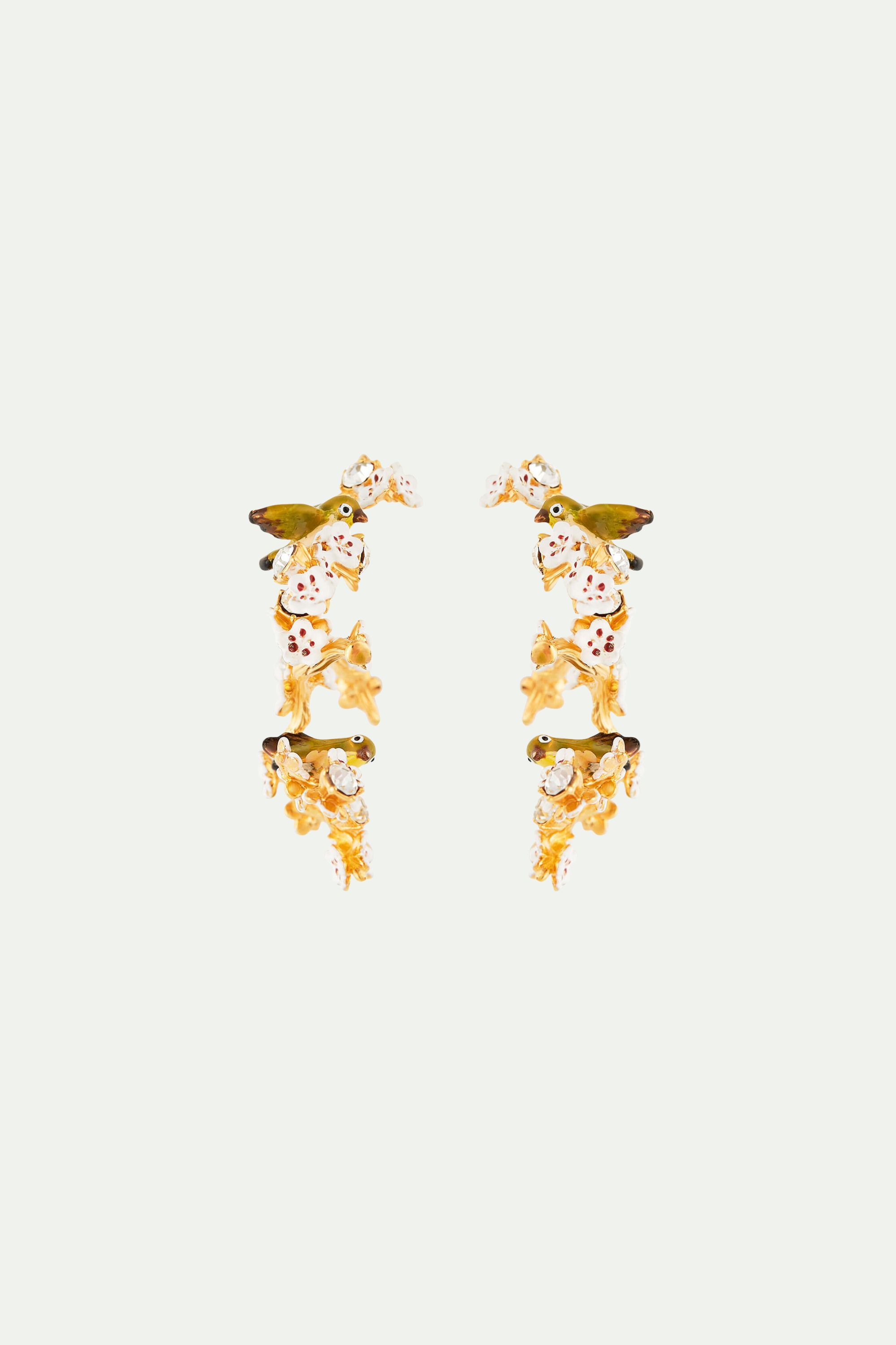 Boucles d'oreilles tiges branche de cerisier, oiseaux et cristaux