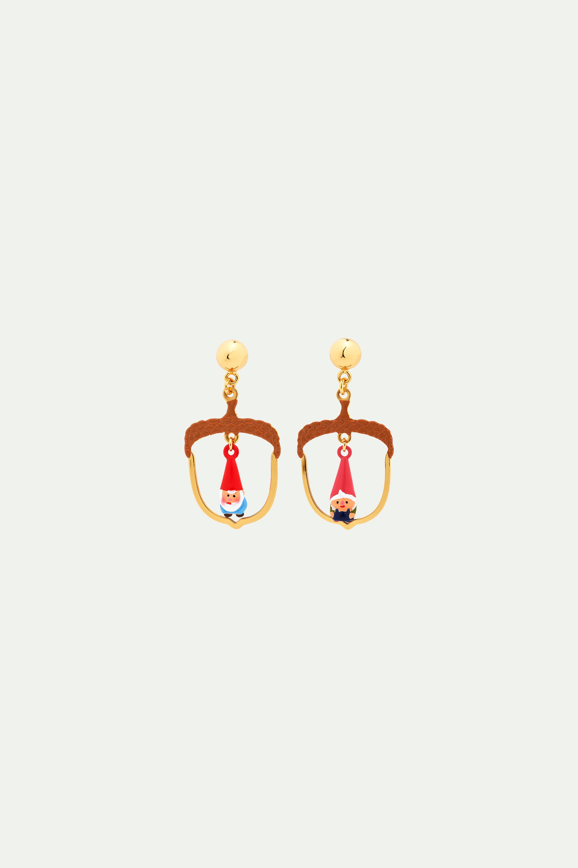 Hazelnut and garden gnome asymmetrical clip-on earrings