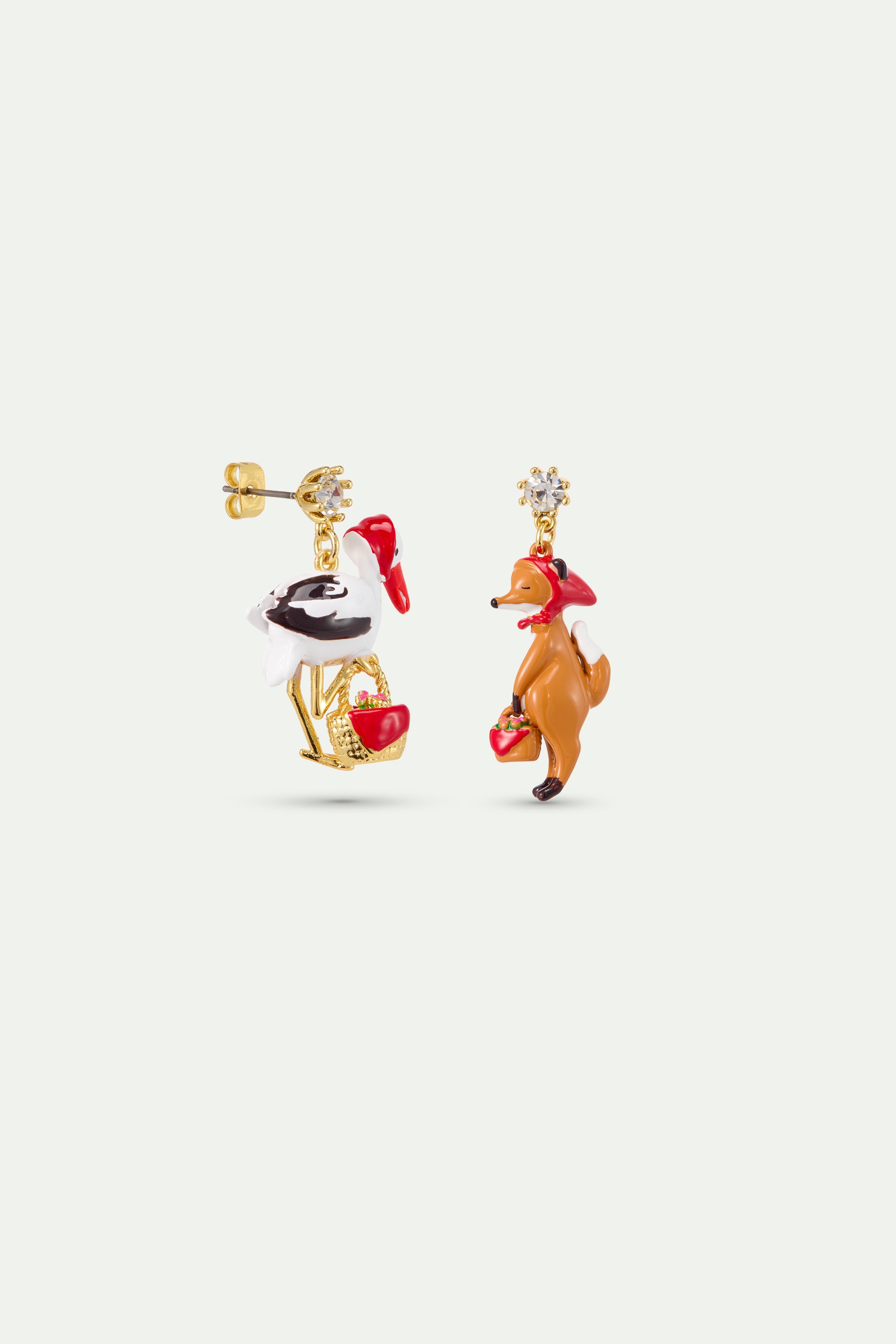 Boucles d'oreilles asymétriques le Renard et la Cigogne et cristal facetté