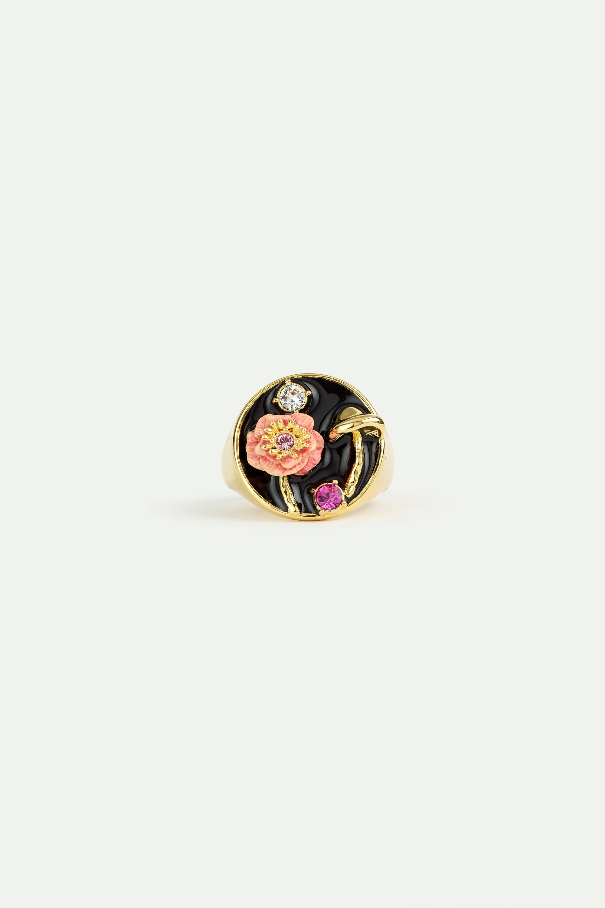 Bague chevalière noire champignon, anémone et cristaux
