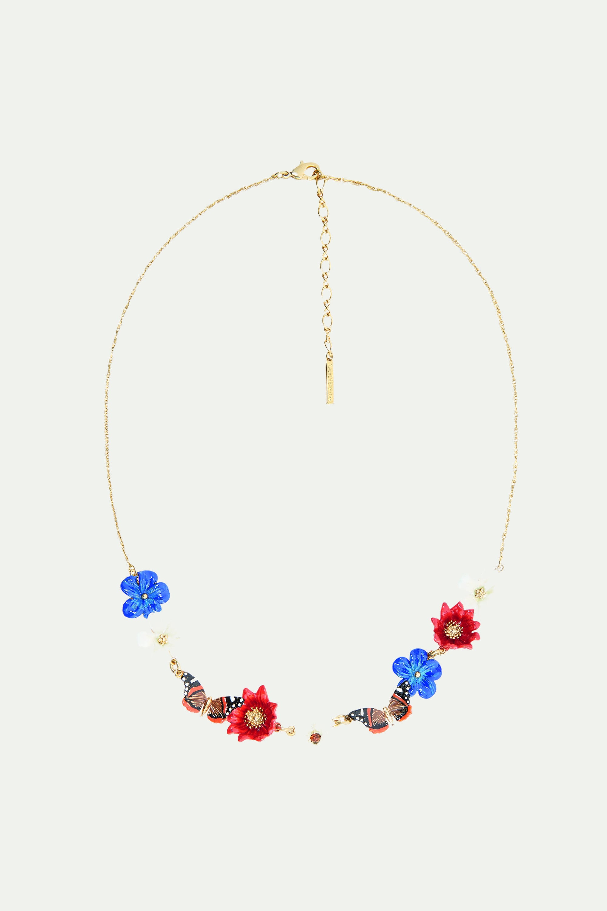 Blue, white and red flowers and butterfly statement necklace