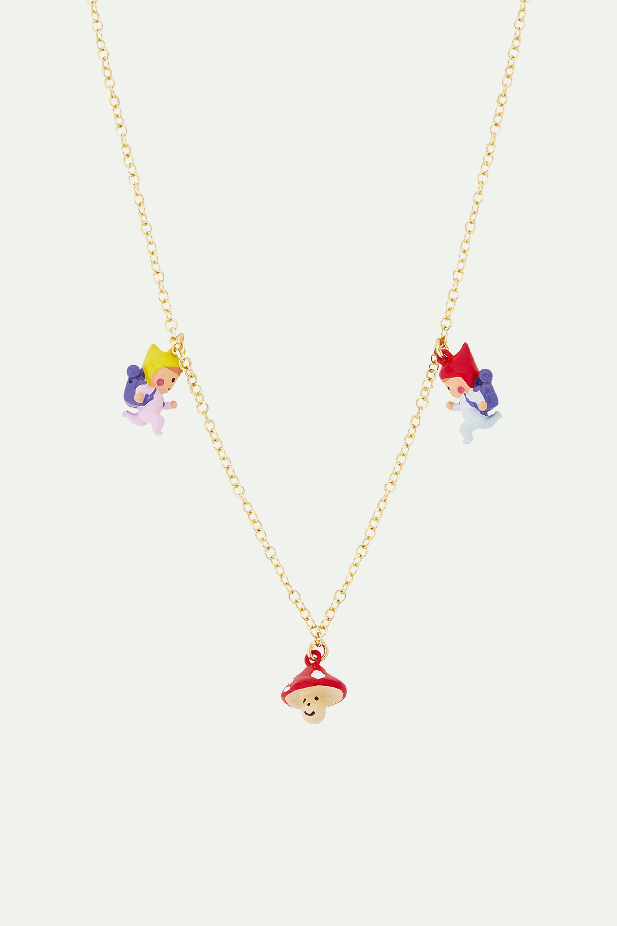Hiking young gnomes and mushroom charm necklace
