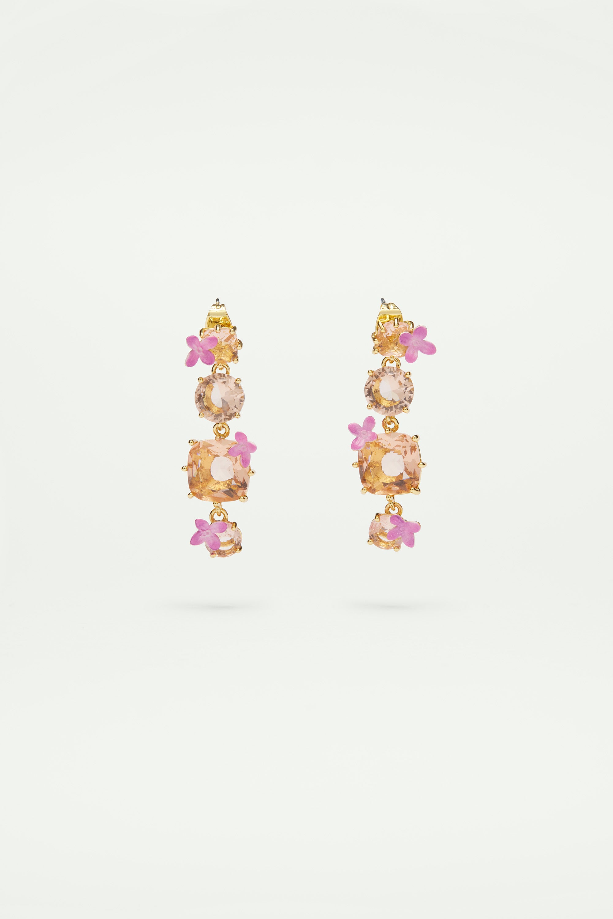 Apricot pink diamantine 4 stone and flower dangling post earrings