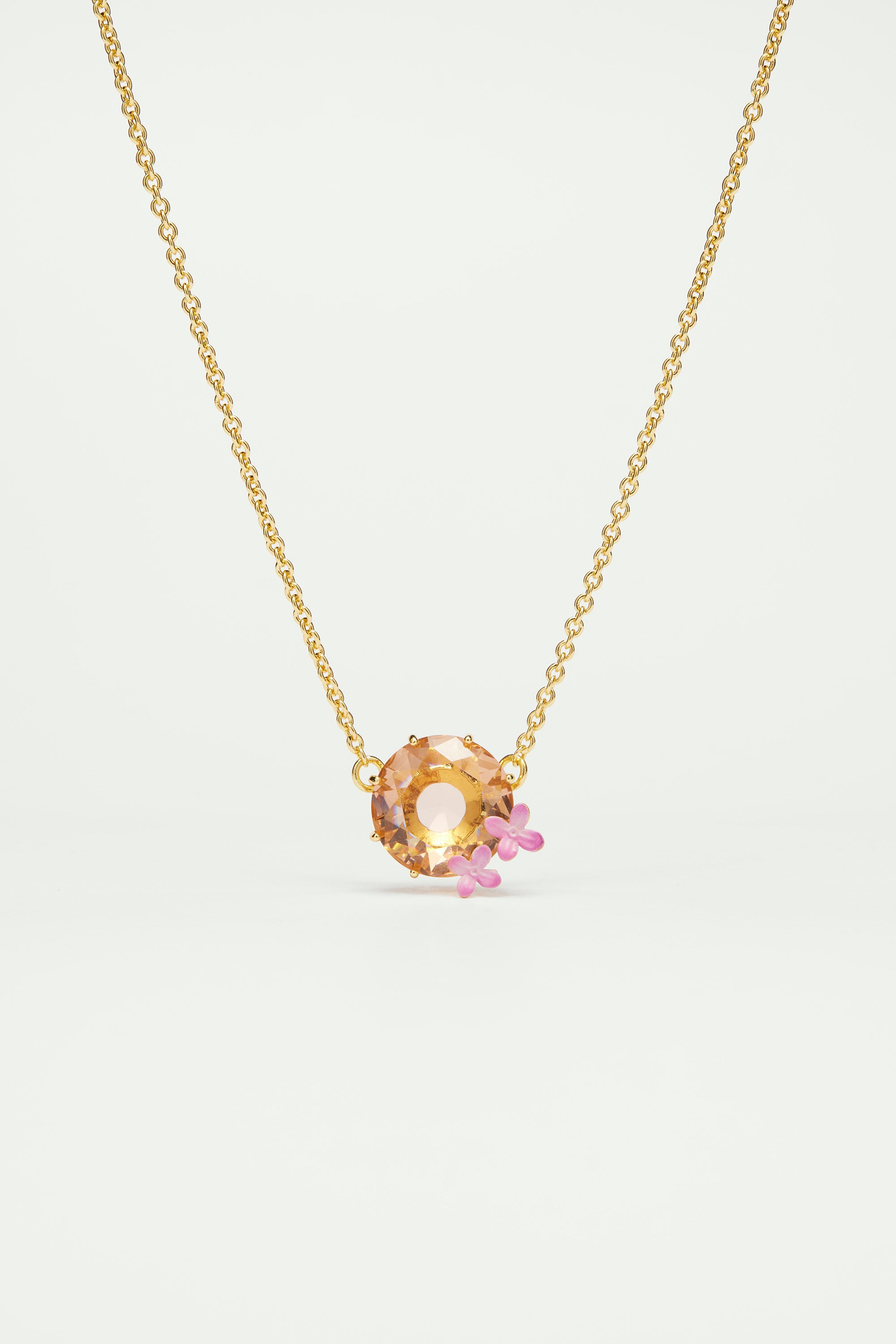 Apricot pink diamantine flower and round stone fine necklace
