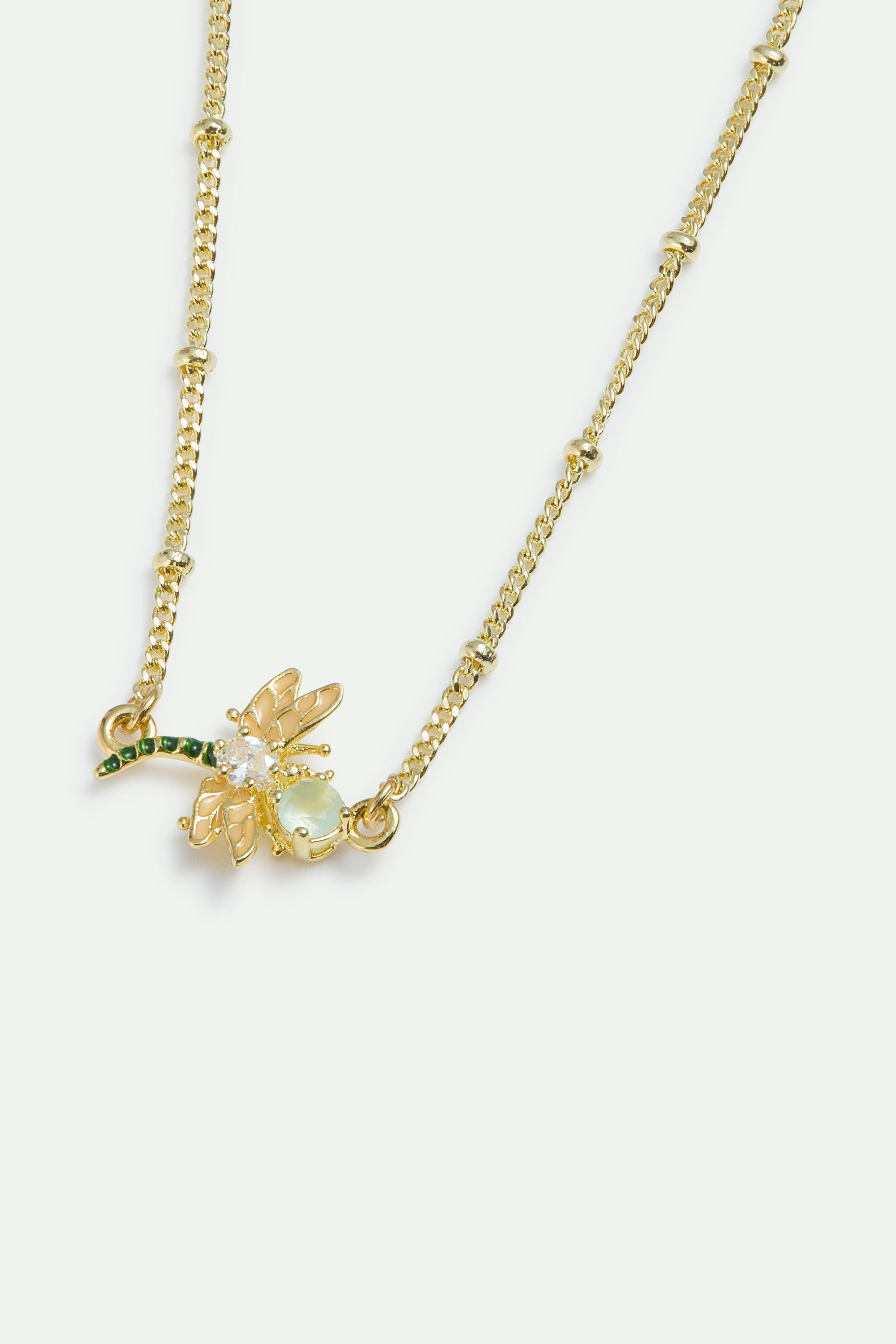 Bracelet libellule, hellébore rose et verre facetté vert