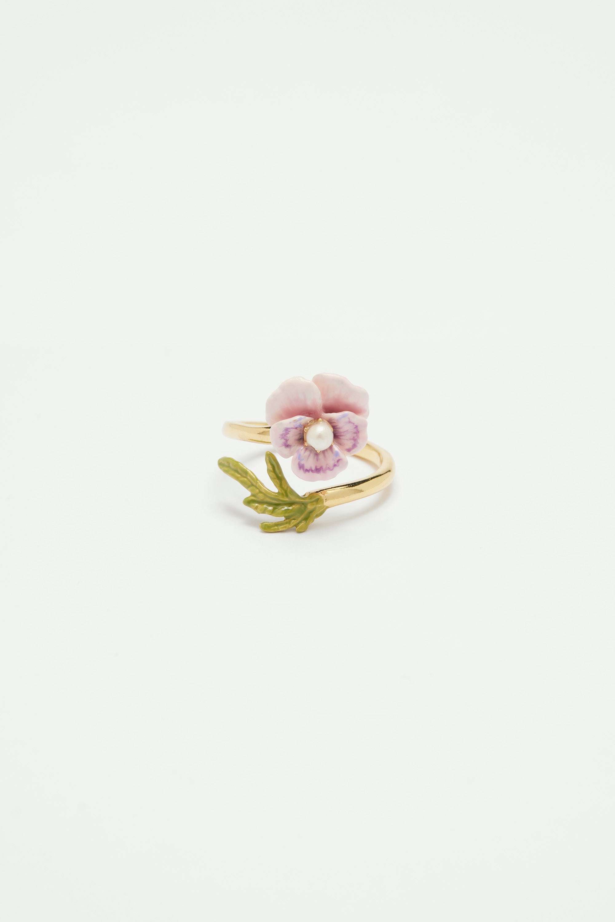 Pink pansy and freshwater pearl adjustable ring