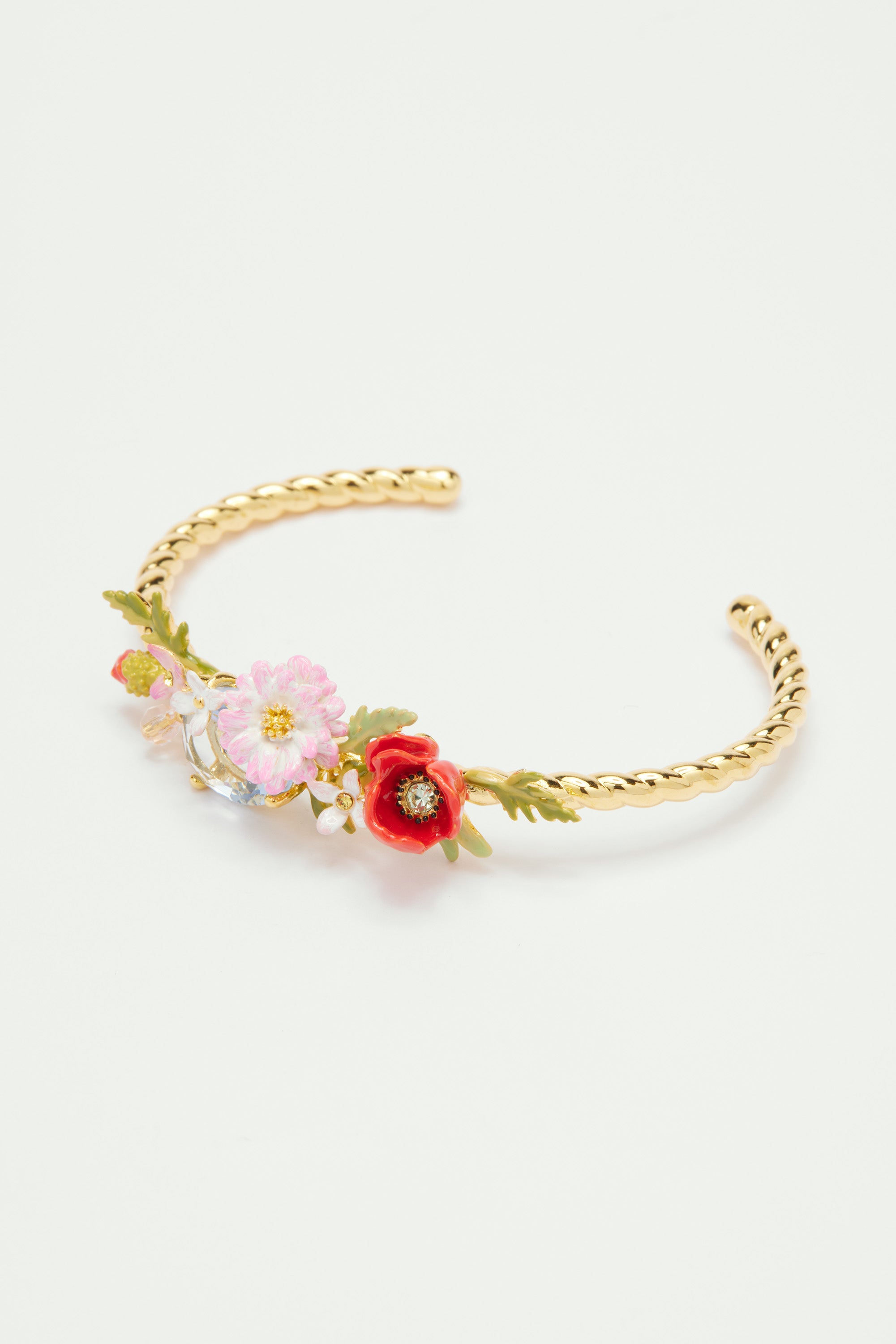 Bracelet jonc coquelicots, marguerite et pierre en verre taillé bleu