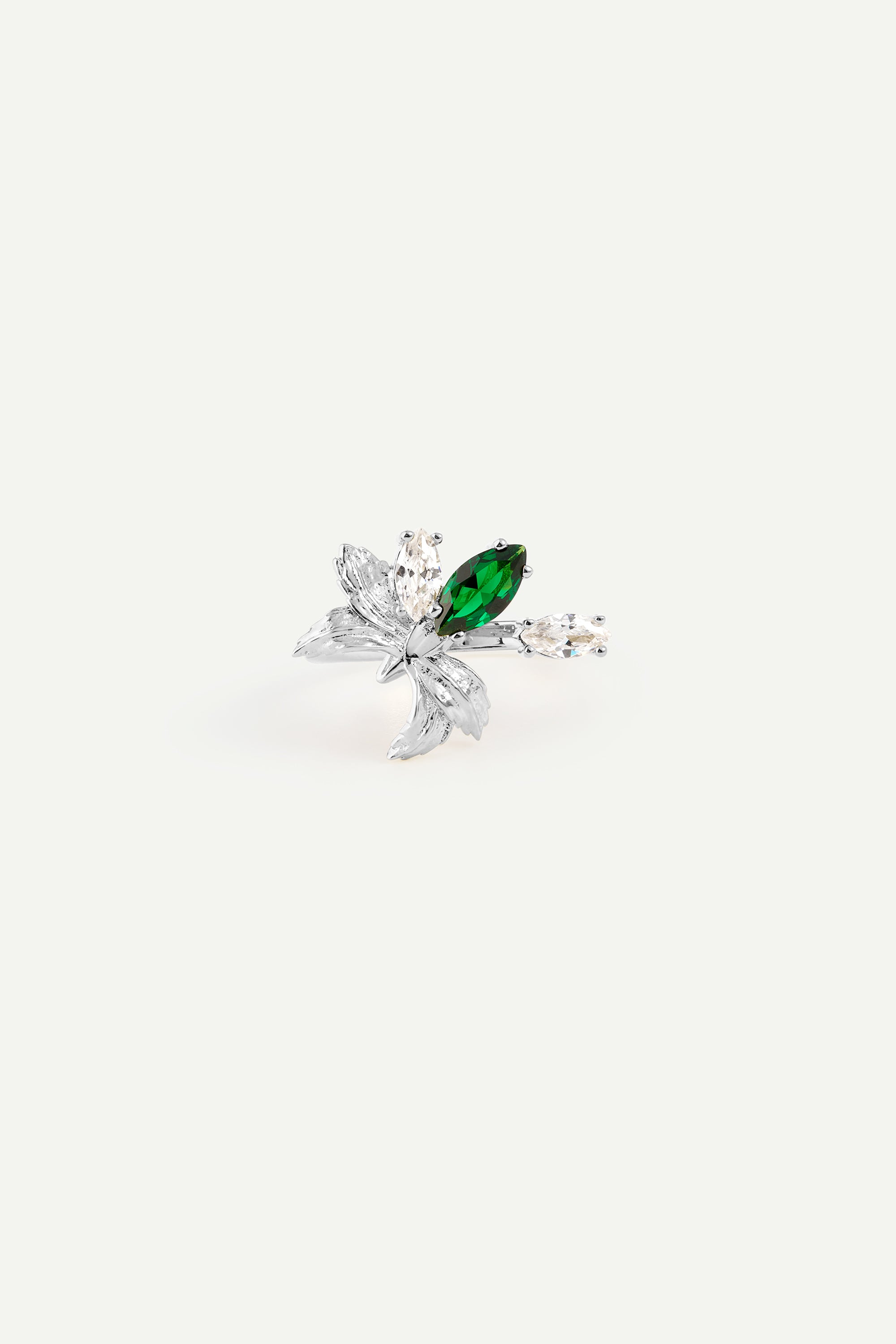 Bague ajustable argentée fleur d'orchidée et pierres blanches et verte